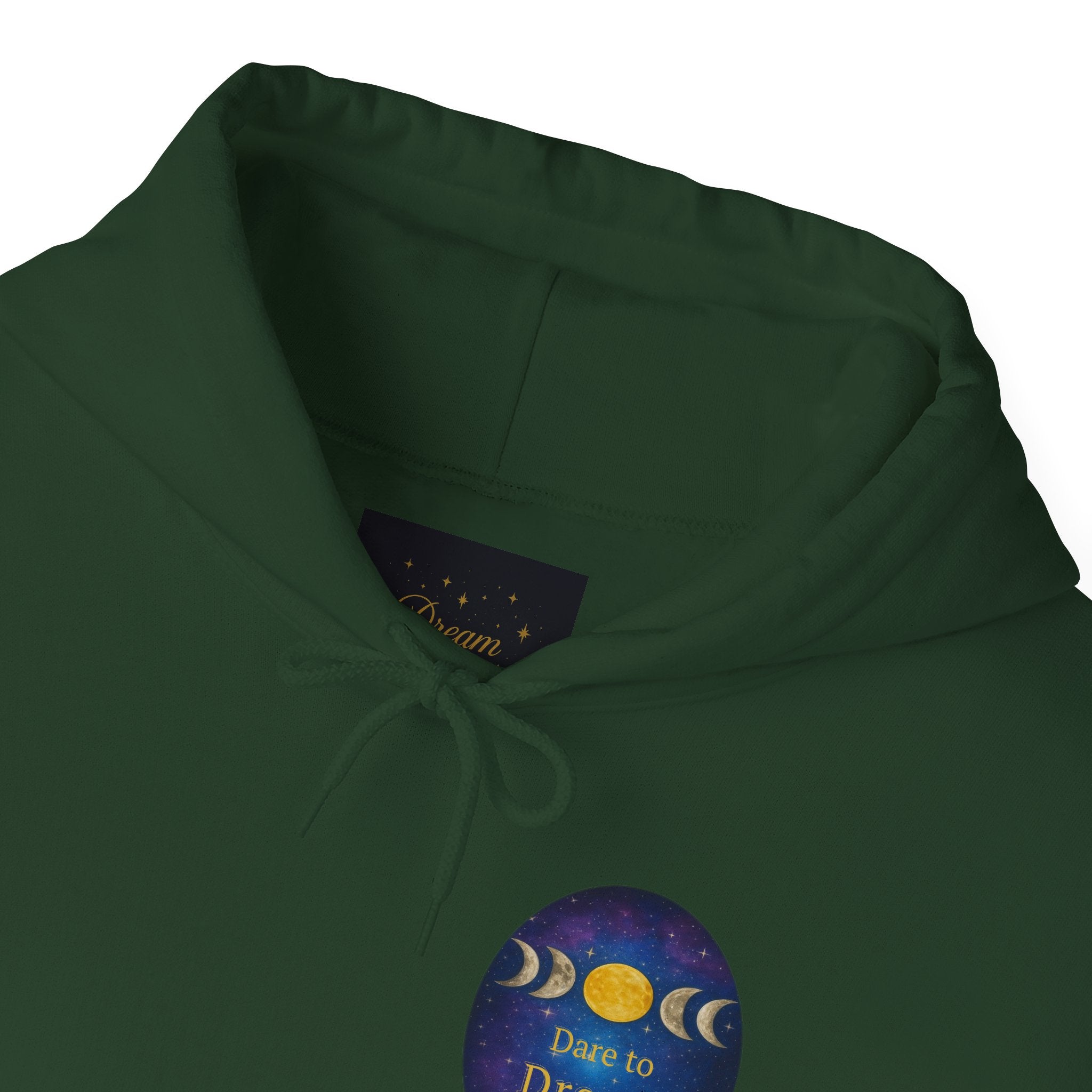 Dare to Dream Moon-Phase Hoodie | Back Glow Print + Front Badge | Heavy Blend™, Inspirational and Motivational Apparel, Gift for Dreamers, Creative Expression Wear