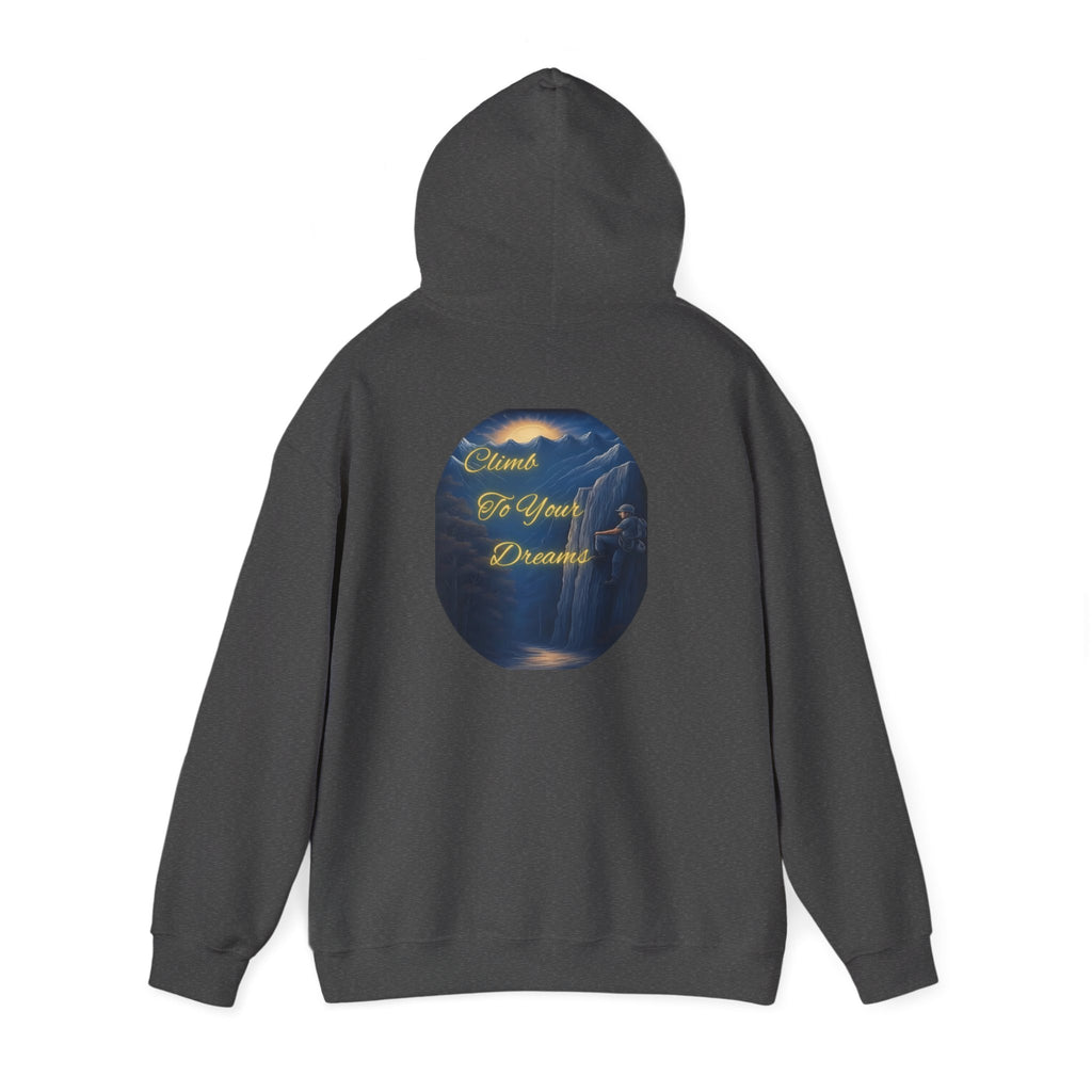 Climb To Your Dreams - Mountain Sunrise Hoodie | Back Glow Print + Front Badge | Heavy Blend™, Inspirational and Motivational Apparel, Gift for Dreamers, Creative Expression Wear