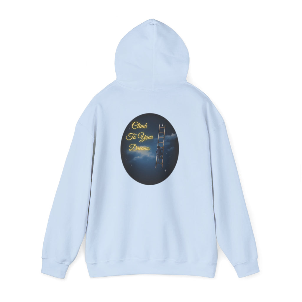Climb To Your Dreams – Starry Night Ladder-to-Moon Back-Print Hoodie + Front Badge | Gildan 18500, Inspirational and Motivational Apparel, Gift for Dreamers, Creative Expression Wear
