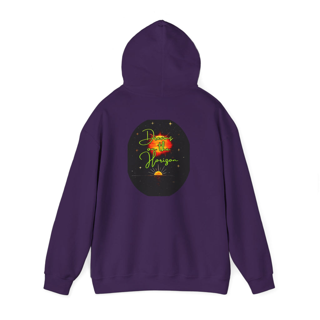 Dreams on the Horizon (Lemongrass) Sunrise Back Print Hooded Sweatshirt, Inspirational and Motivational Apparel, Gift for Dreamers, Creative Expression Wear