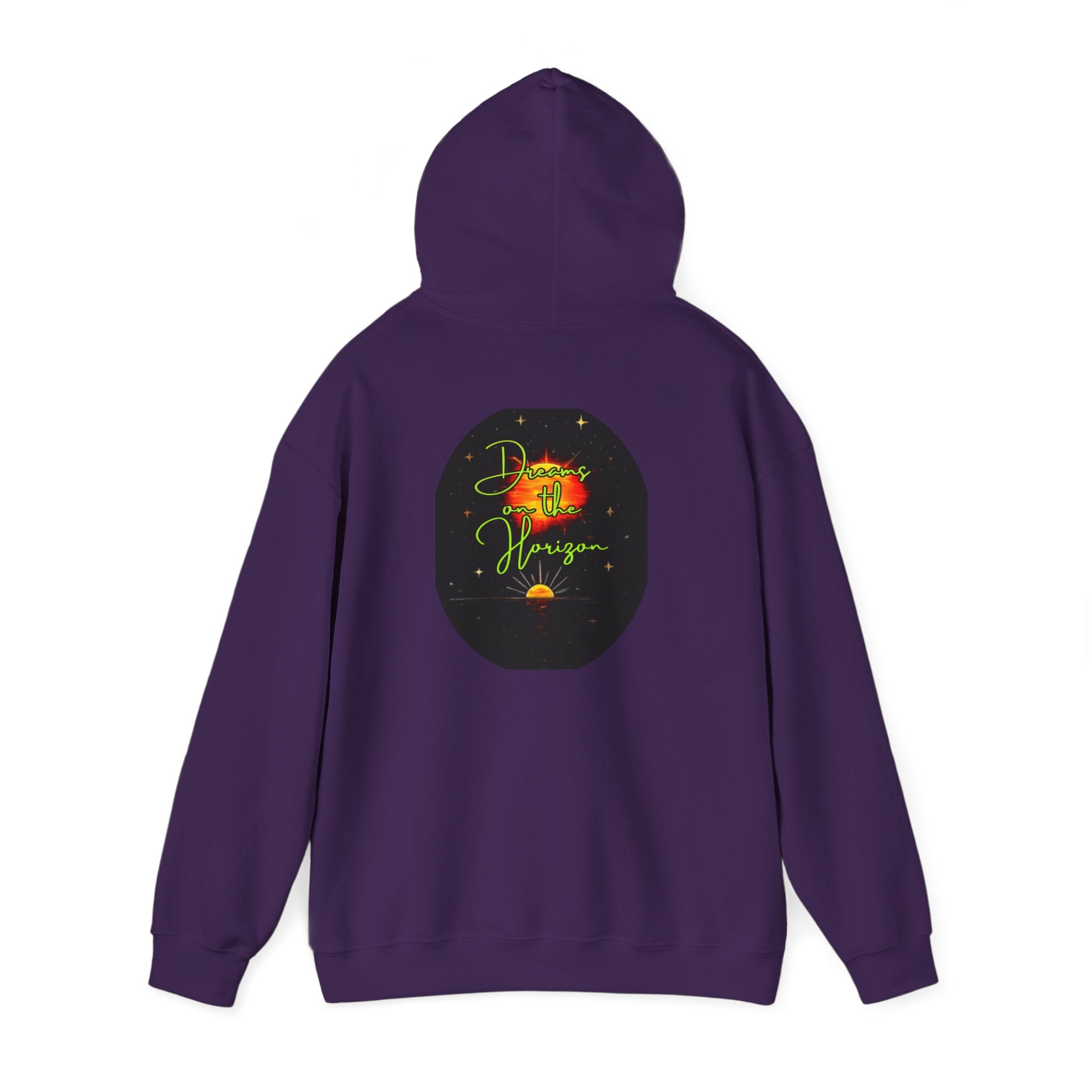 Dreams on the Horizon (Lemongrass) Sunrise Back Print Hooded Sweatshirt, Inspirational and Motivational Apparel, Gift for Dreamers, Creative Expression Wear