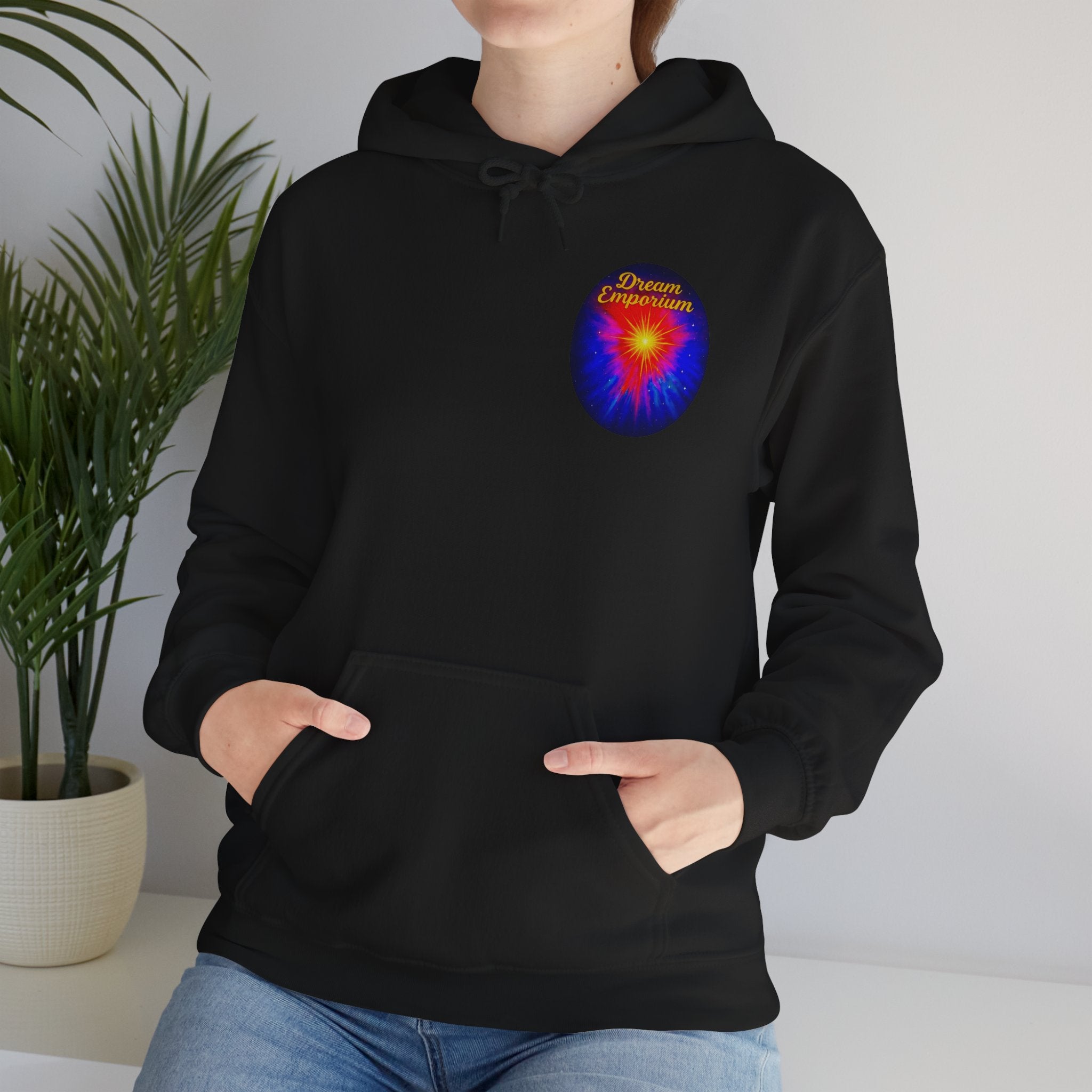 Dream Emporium – Back Printed Radiant Starburst Heavy Blend™ Hooded Sweatshirt, Inspirational and Motivational Apparel, Gift for Dreamers, Creative Expression Wear
