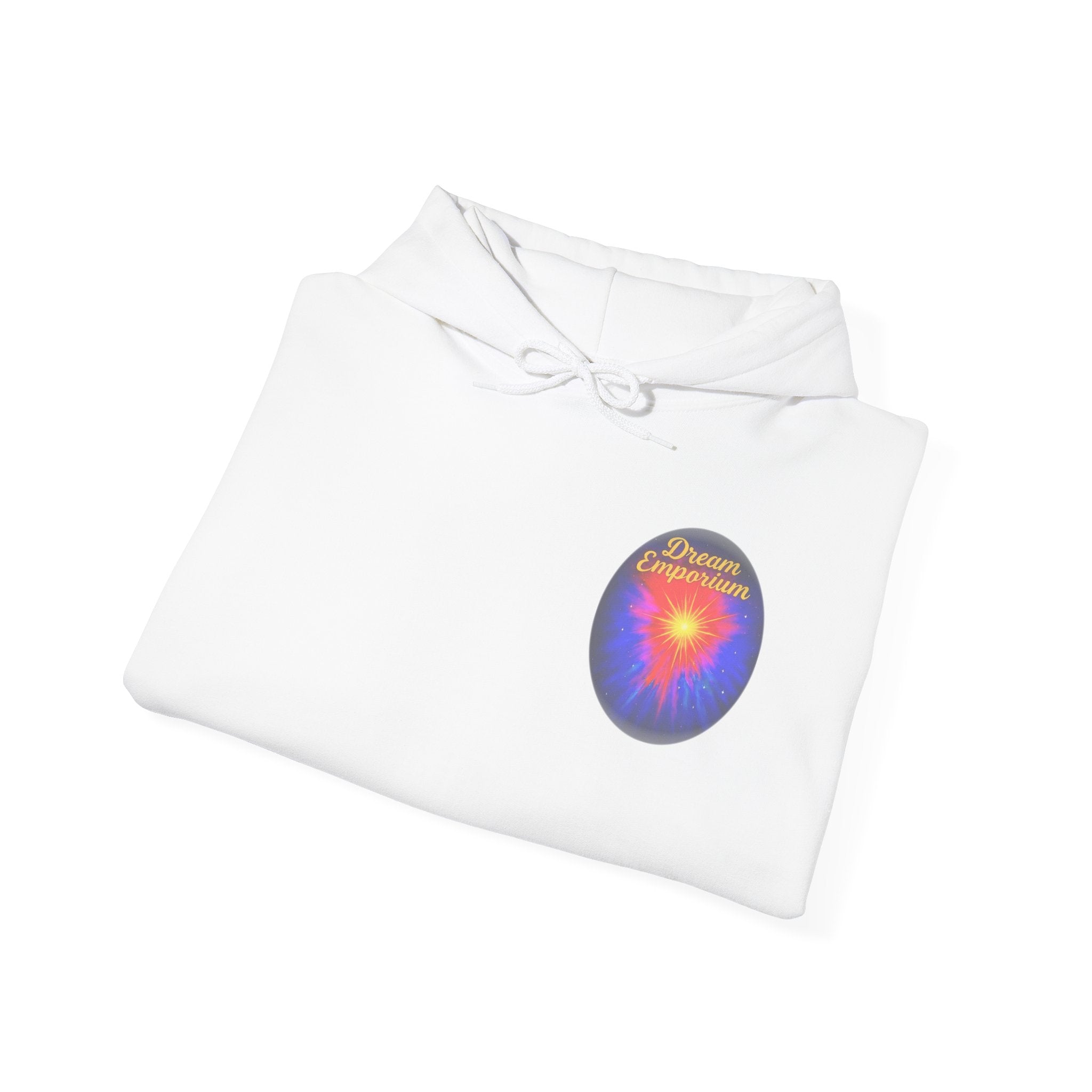 Dream Emporium – Back Printed Radiant Starburst Heavy Blend™ Hooded Sweatshirt, Inspirational and Motivational Apparel, Gift for Dreamers, Creative Expression Wear