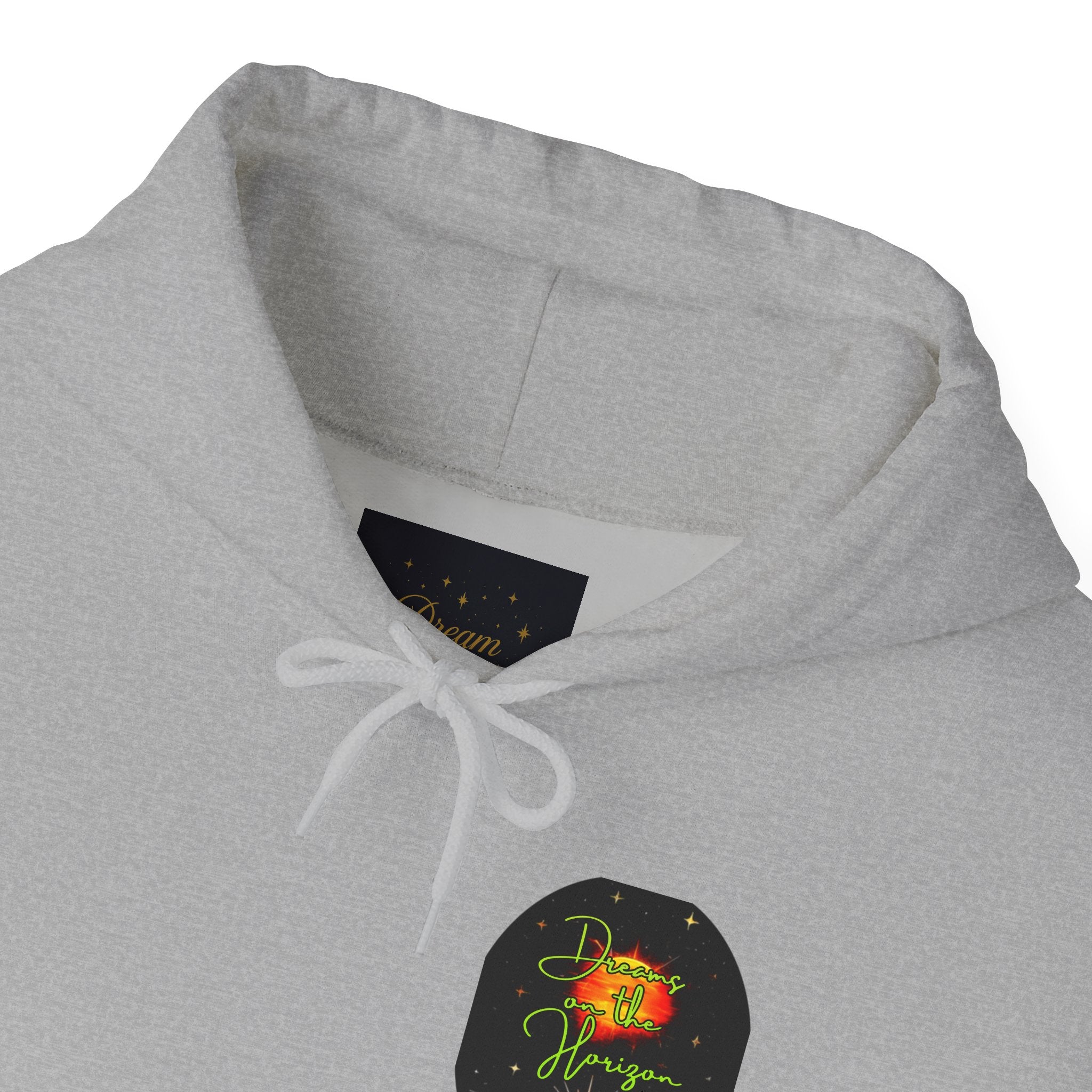 Dreams on the Horizon (Lemongrass) Sunrise Back Print Hooded Sweatshirt, Inspirational and Motivational Apparel, Gift for Dreamers, Creative Expression Wear