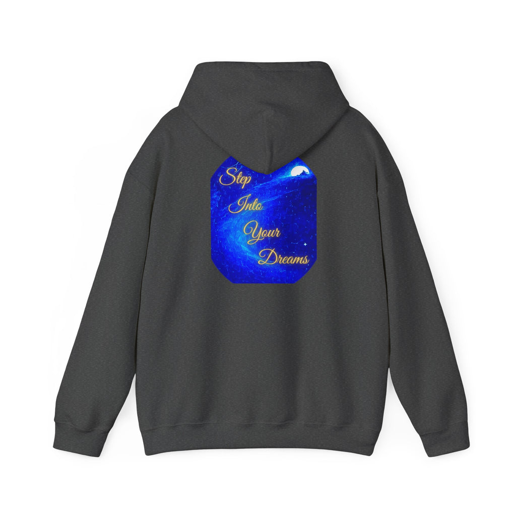 Step Into Your Dreams – Cosmic Gateway Back-print Hoodie | Tiny front badge | Gildan Heavy Blend™. Inspirational and Motivational Apparel, Gift for Dreamers, Creative Expression