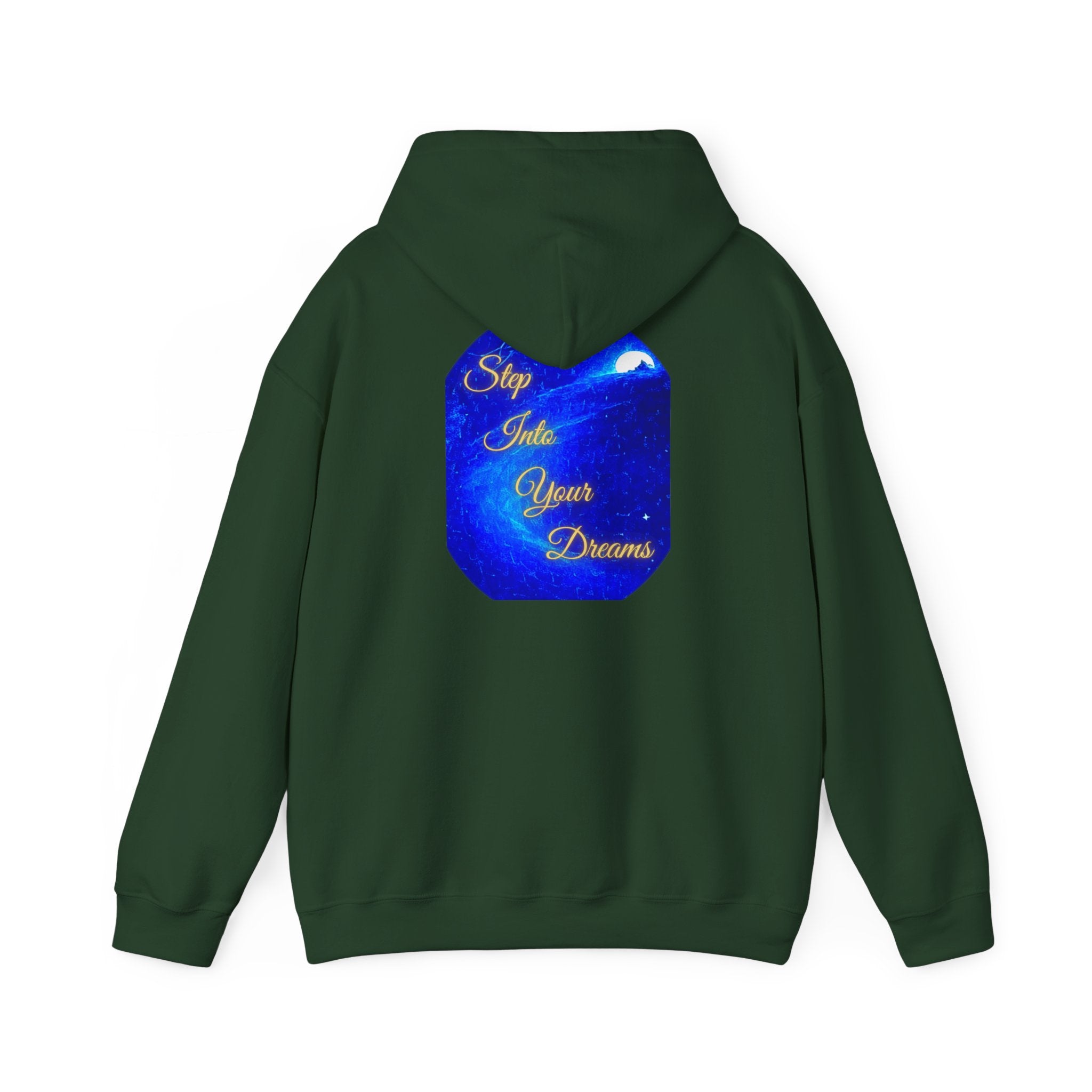 Step Into Your Dreams – Cosmic Gateway Back-print Hoodie | Tiny front badge | Gildan Heavy Blend™. Inspirational and Motivational Apparel, Gift for Dreamers, Creative Expression