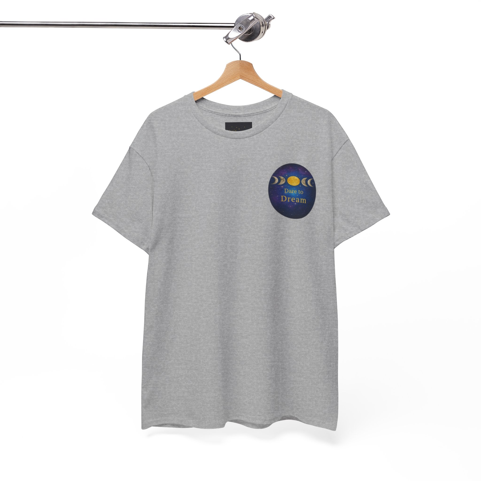 Dare to Dream Moon-Phase Tee – Golden Full Moon Back Print + Front Badge | Gildan 5000 Heavy Cotton, Inspirational and Motivational Apparel, Gift for Dreamers, Creative Expression Wear