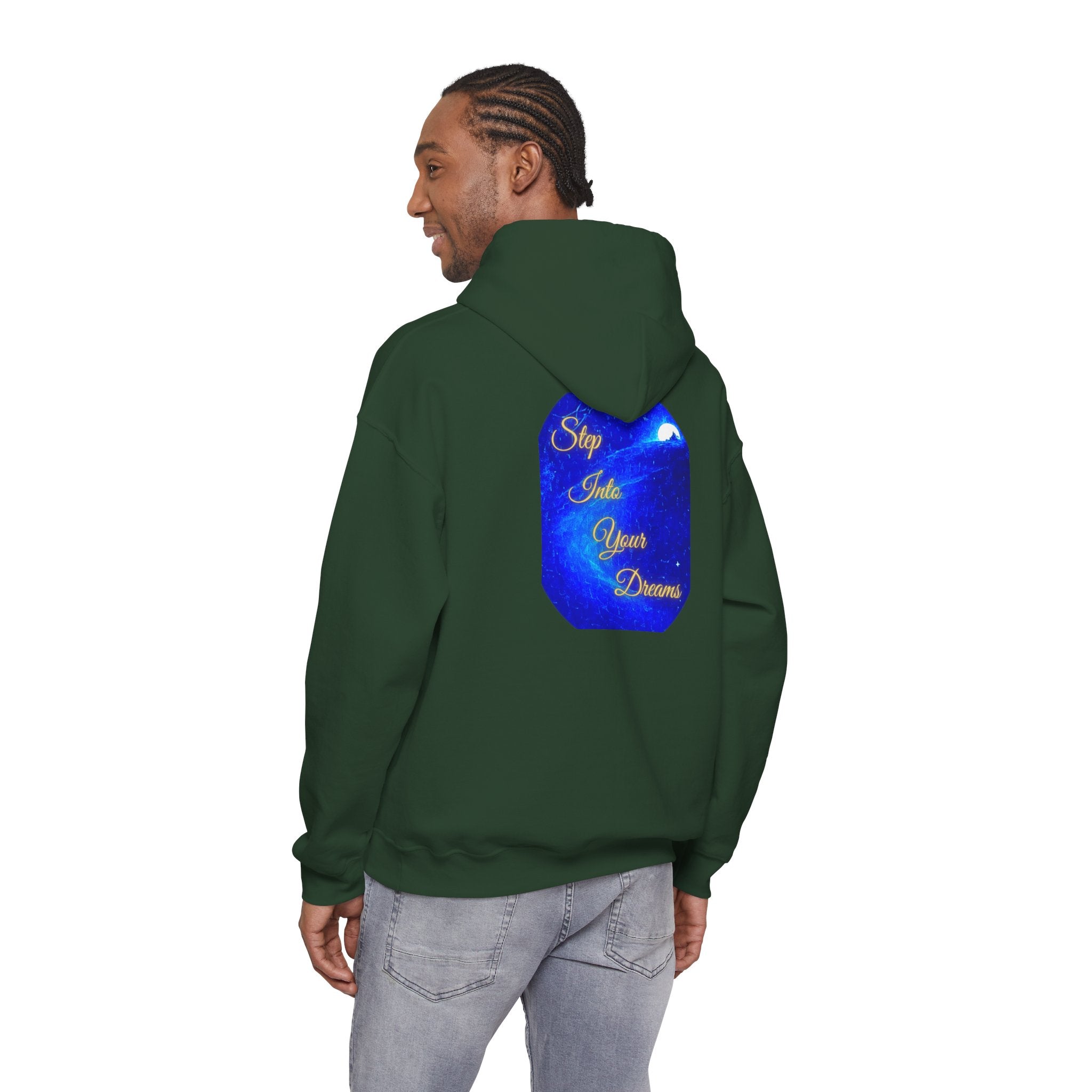 Step Into Your Dreams – Cosmic Gateway Back-print Hoodie | Tiny front badge | Gildan Heavy Blend™. Inspirational and Motivational Apparel, Gift for Dreamers, Creative Expression