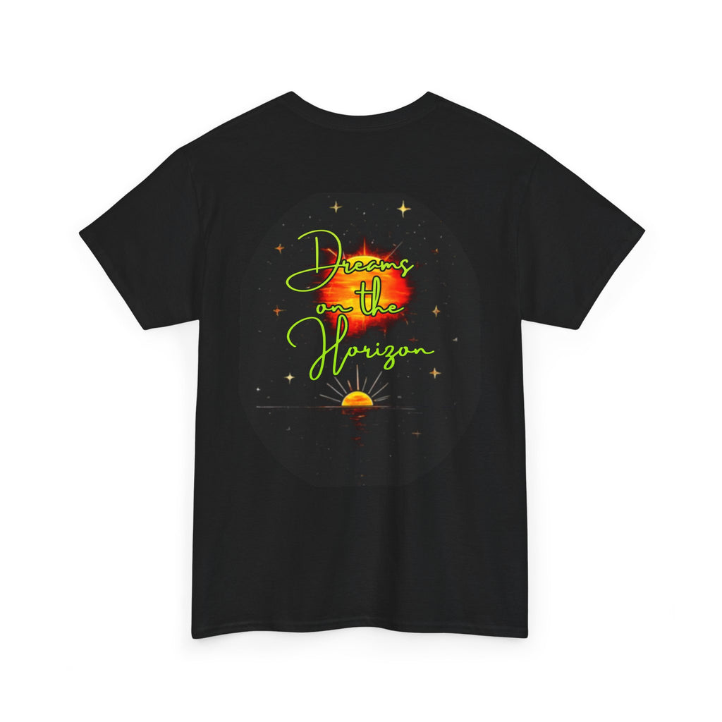 Dreams on the Horizon (Lemongrass) – Sunrise Back-Print Heavy Cotton Tee, Inspirational and Motivational Apparel, Gift for Dreamers, Creative Expression Wear