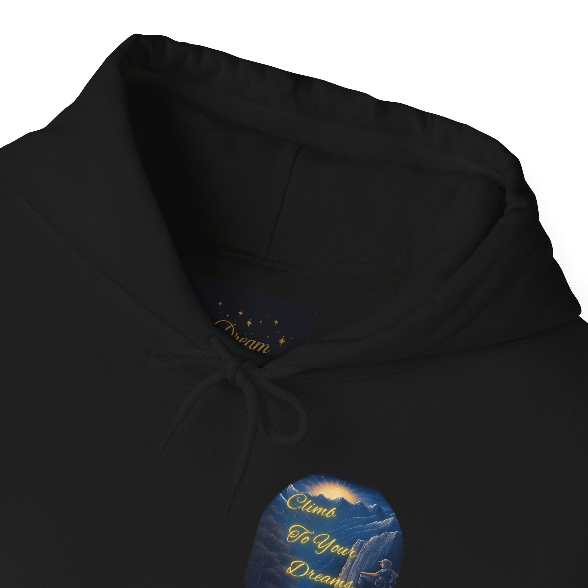 Climb To Your Dreams - Mountain Sunrise Hoodie | Back Glow Print + Front Badge | Heavy Blend™, Inspirational and Motivational Apparel, Gift for Dreamers, Creative Expression Wear