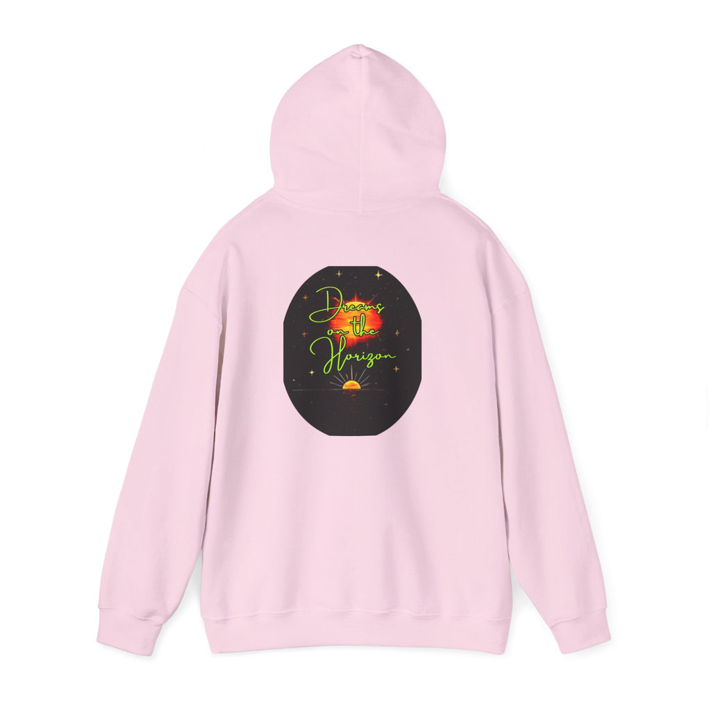 Dreams on the Horizon (Lemongrass) Sunrise Back Print Hooded Sweatshirt, Inspirational and Motivational Apparel, Gift for Dreamers, Creative Expression Wear