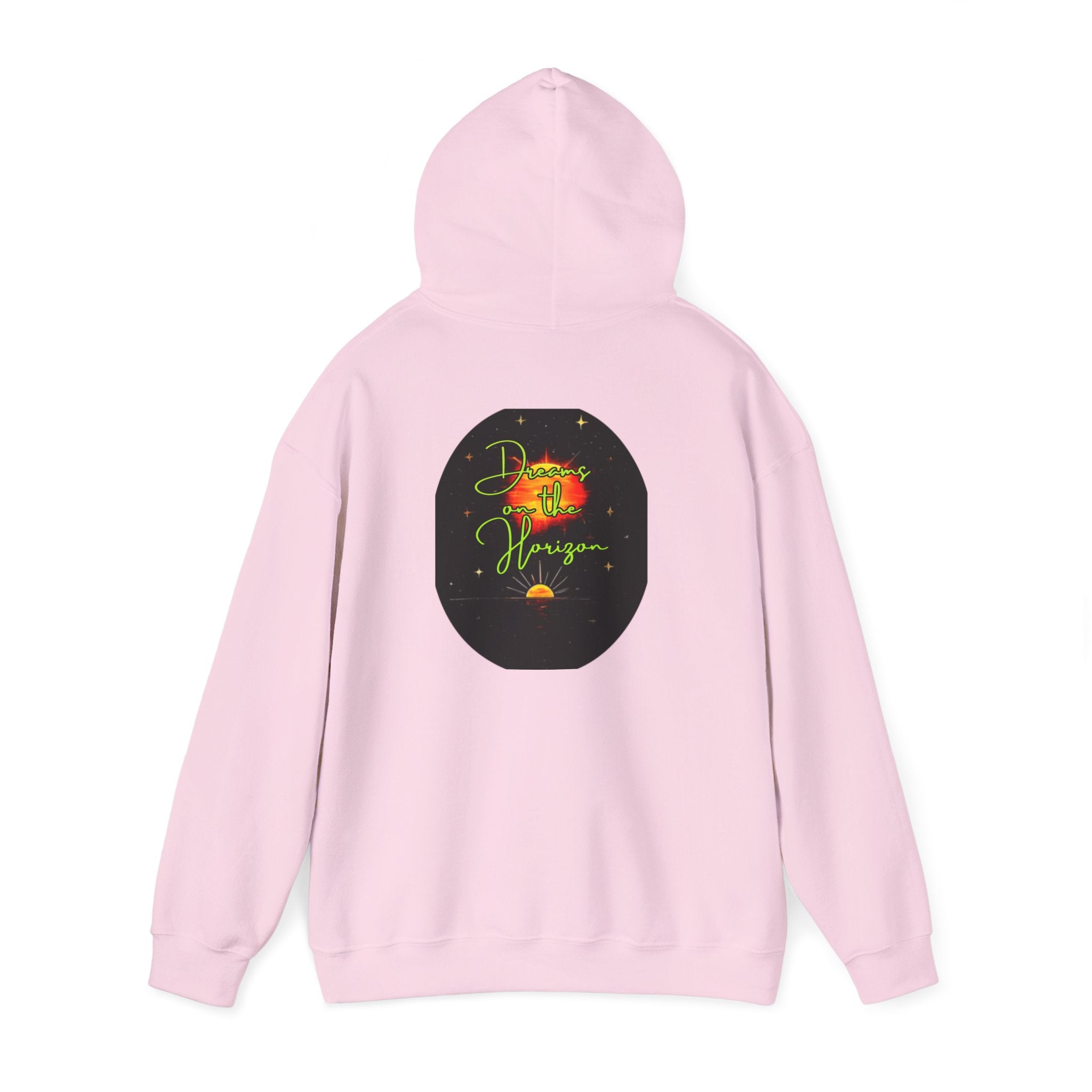 Dreams on the Horizon (Lemongrass) Sunrise Back Print Hooded Sweatshirt, Inspirational and Motivational Apparel, Gift for Dreamers, Creative Expression Wear