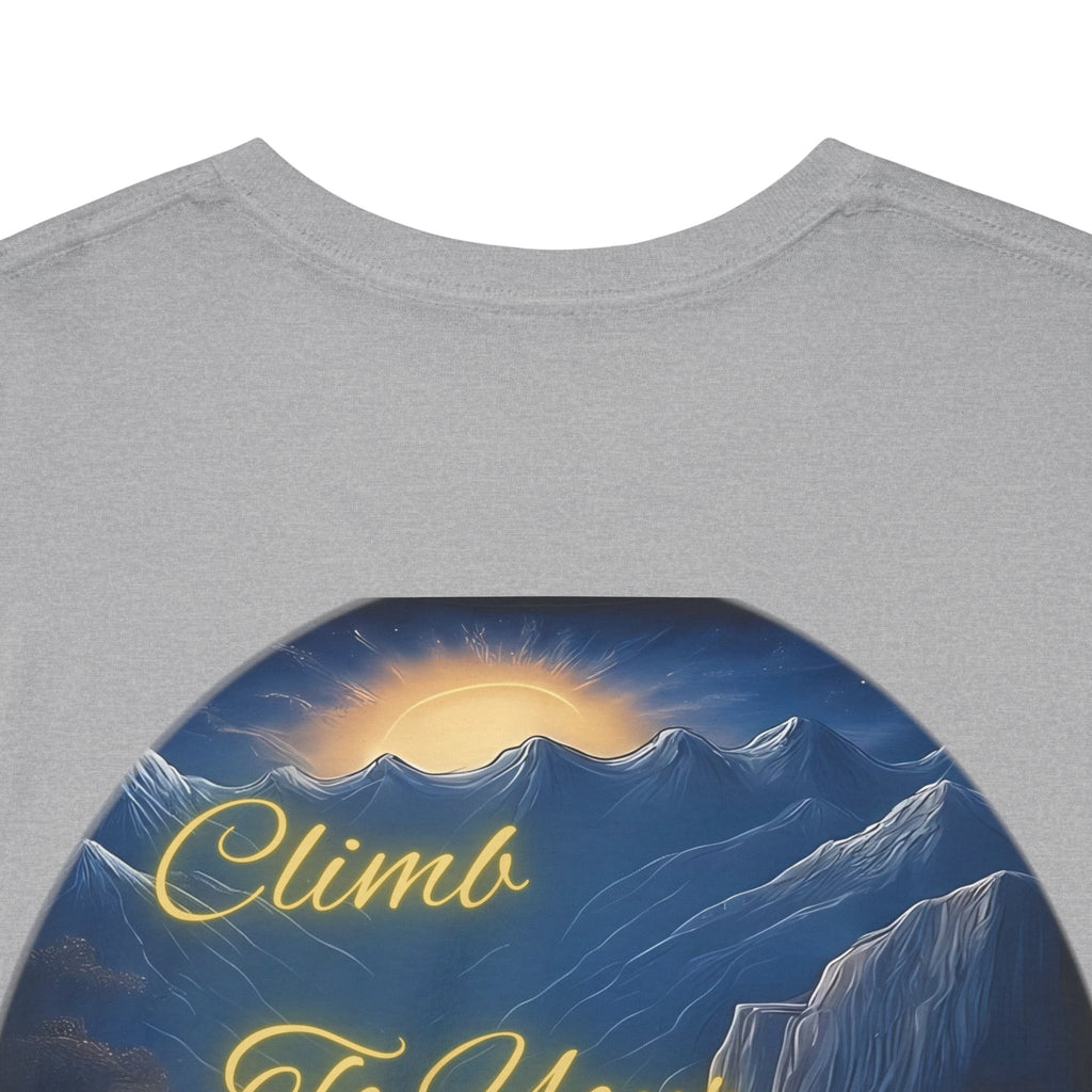 Climb To Your Dreams – Rock Climber Back-Print Tee + Front Badge | Gildan 5000, Inspirational and Motivational Apparel, Gift for Dreamers, Creative Expression Wear