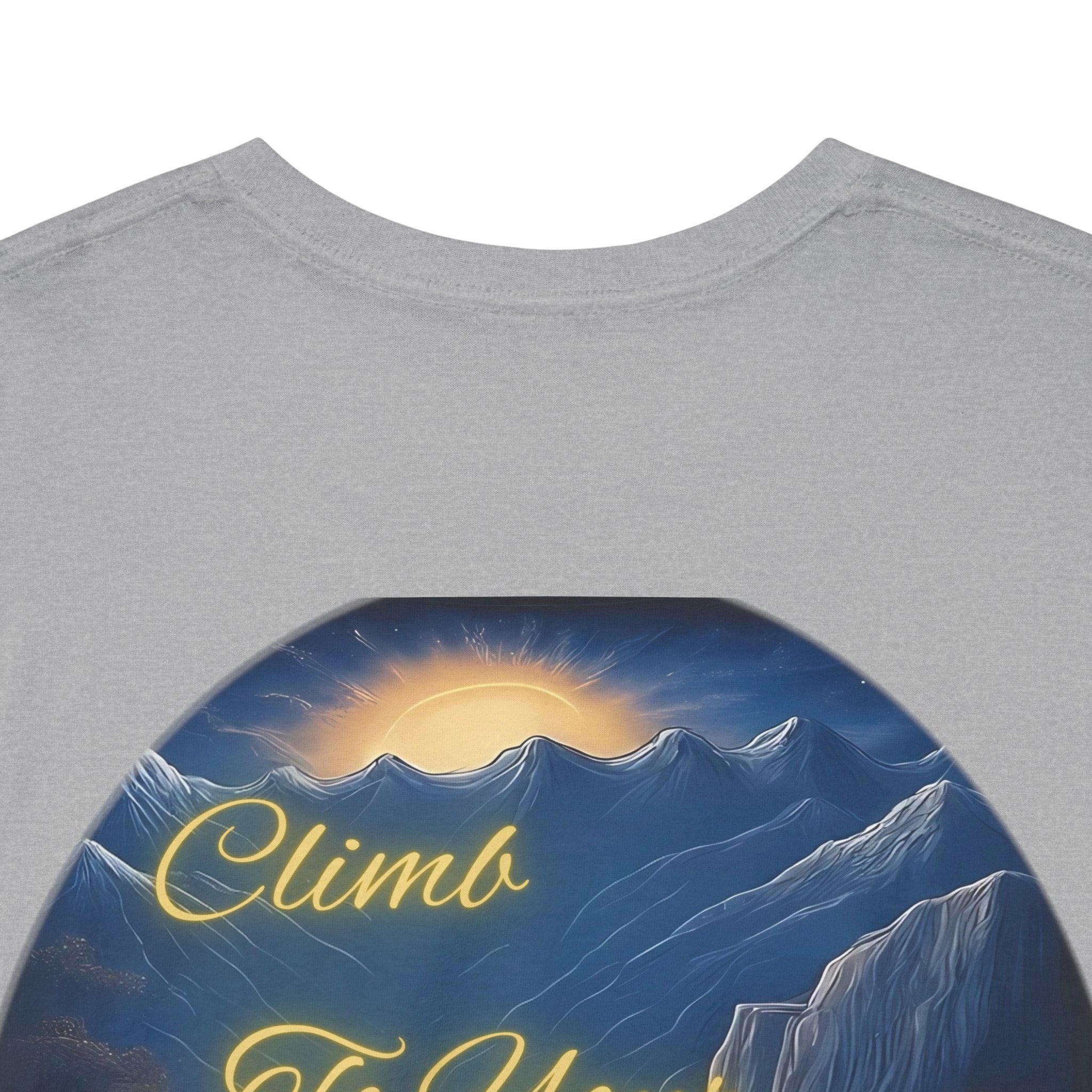 Climb To Your Dreams – Rock Climber Back-Print Tee + Front Badge | Gildan 5000, Inspirational and Motivational Apparel, Gift for Dreamers, Creative Expression Wear