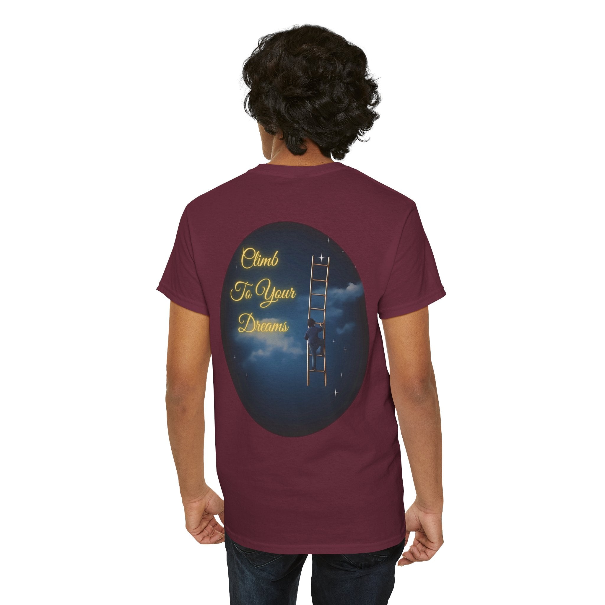 Climb To Your Dreams – Starry Night Ladder Back-Print Tee + Front Badge | Gildan 5000, Inspirational and Motivational Apparel, Gift for Dreamers, Creative Expression Wear