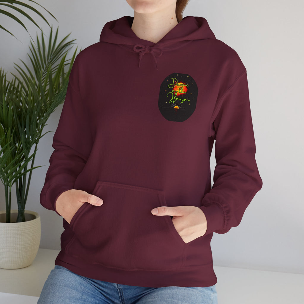 Dreams on the Horizon (Lemongrass) Sunrise Back Print Hooded Sweatshirt, Inspirational and Motivational Apparel, Gift for Dreamers, Creative Expression Wear