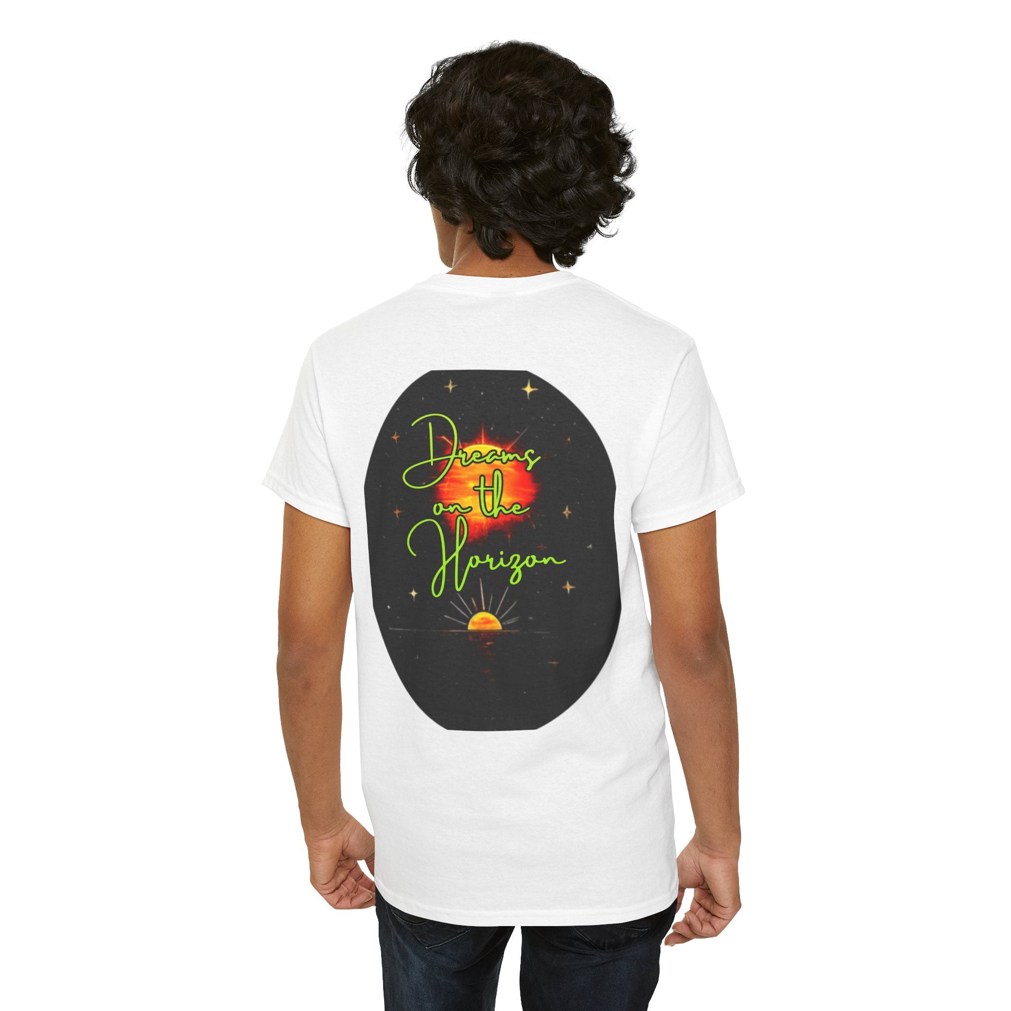 Dreams on the Horizon (Lemongrass) – Sunrise Back-Print Heavy Cotton Tee, Inspirational and Motivational Apparel, Gift for Dreamers, Creative Expression Wear