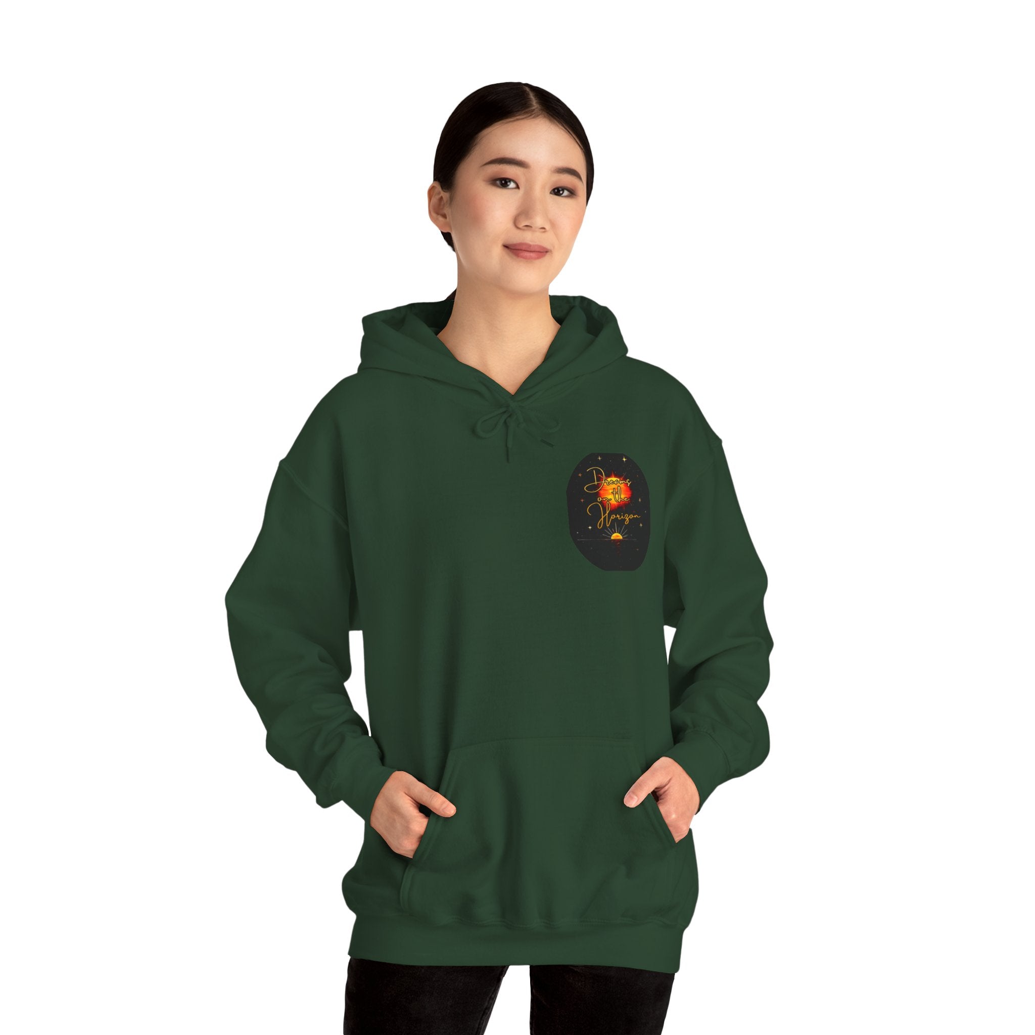 Dreams on the Horizon Sunrise Back Print Hooded Sweatshirt, Inspirational and Motivational Apparel, Gift for Dreamers, Creative Expression Wear
