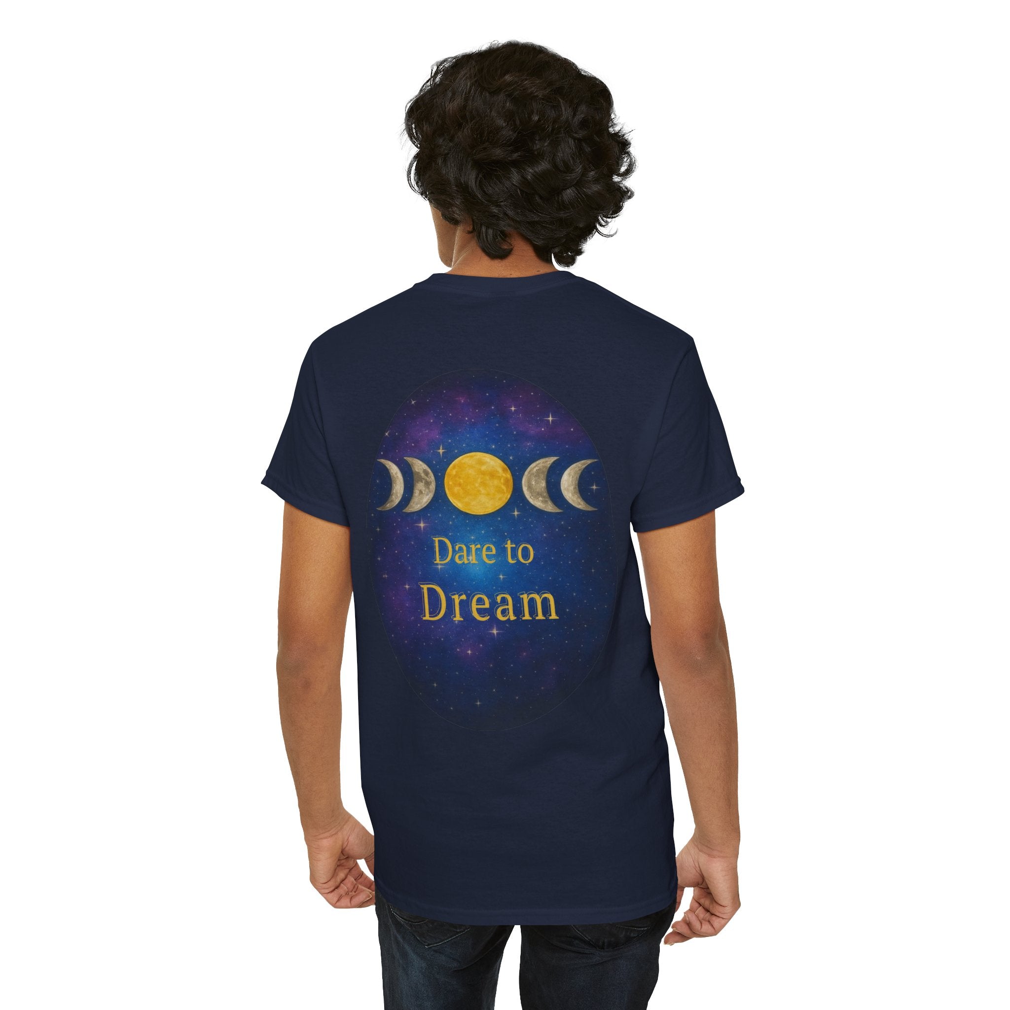 Dare to Dream Moon-Phase Tee – Golden Full Moon Back Print + Front Badge | Gildan 5000 Heavy Cotton, Inspirational and Motivational Apparel, Gift for Dreamers, Creative Expression Wear