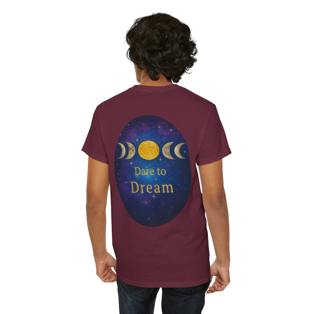 Dare to Dream Moon-Phase Tee – Golden Full Moon Back Print + Front Badge | Gildan 5000 Heavy Cotton, Inspirational and Motivational Apparel, Gift for Dreamers, Creative Expression Wear