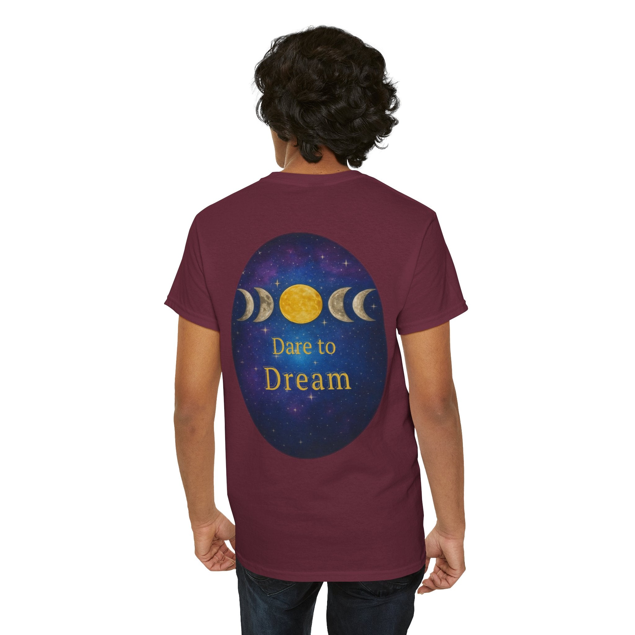 Dare to Dream Moon-Phase Tee – Golden Full Moon Back Print + Front Badge | Gildan 5000 Heavy Cotton, Inspirational and Motivational Apparel, Gift for Dreamers, Creative Expression Wear