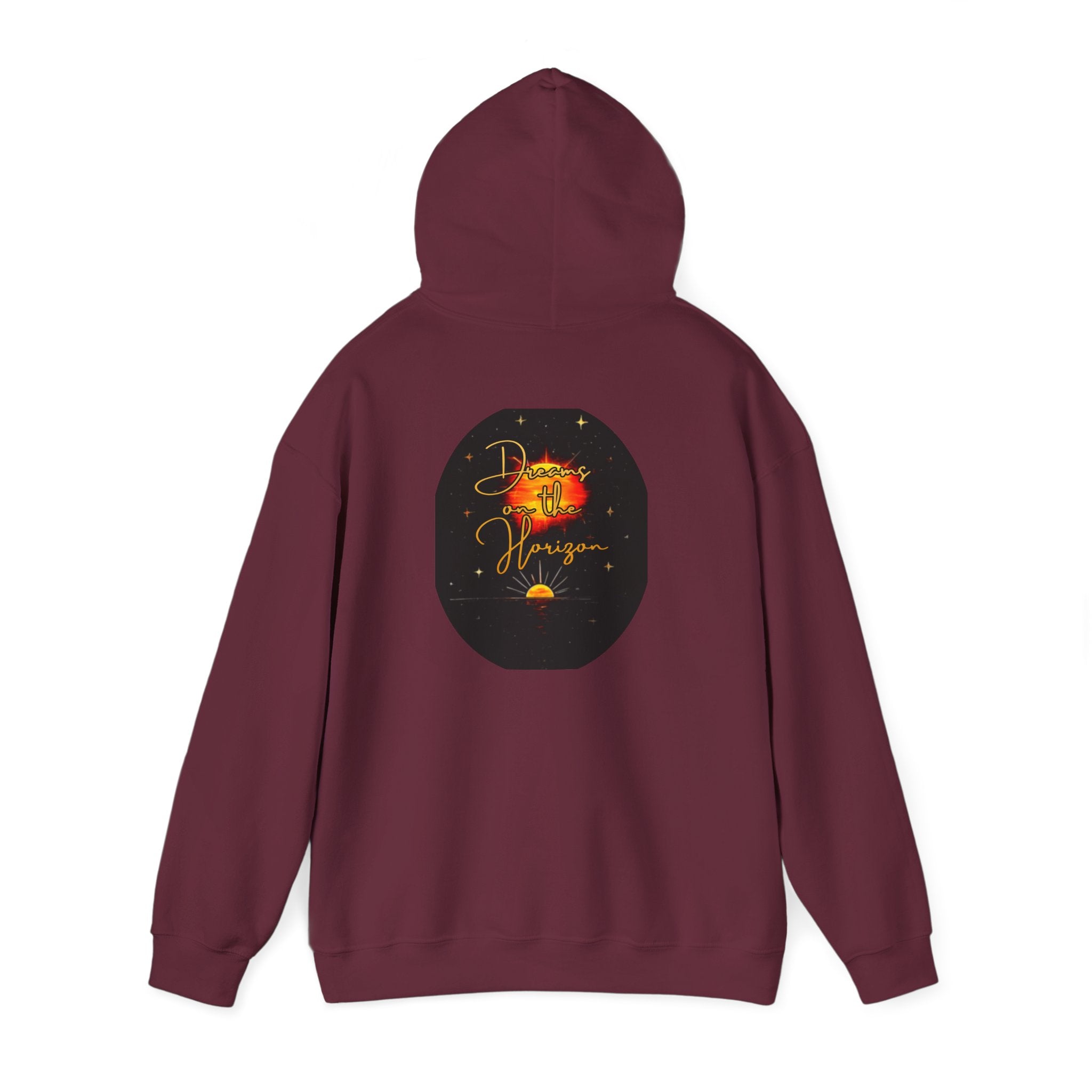 Dreams on the Horizon Sunrise Back Print Hooded Sweatshirt, Inspirational and Motivational Apparel, Gift for Dreamers, Creative Expression Wear
