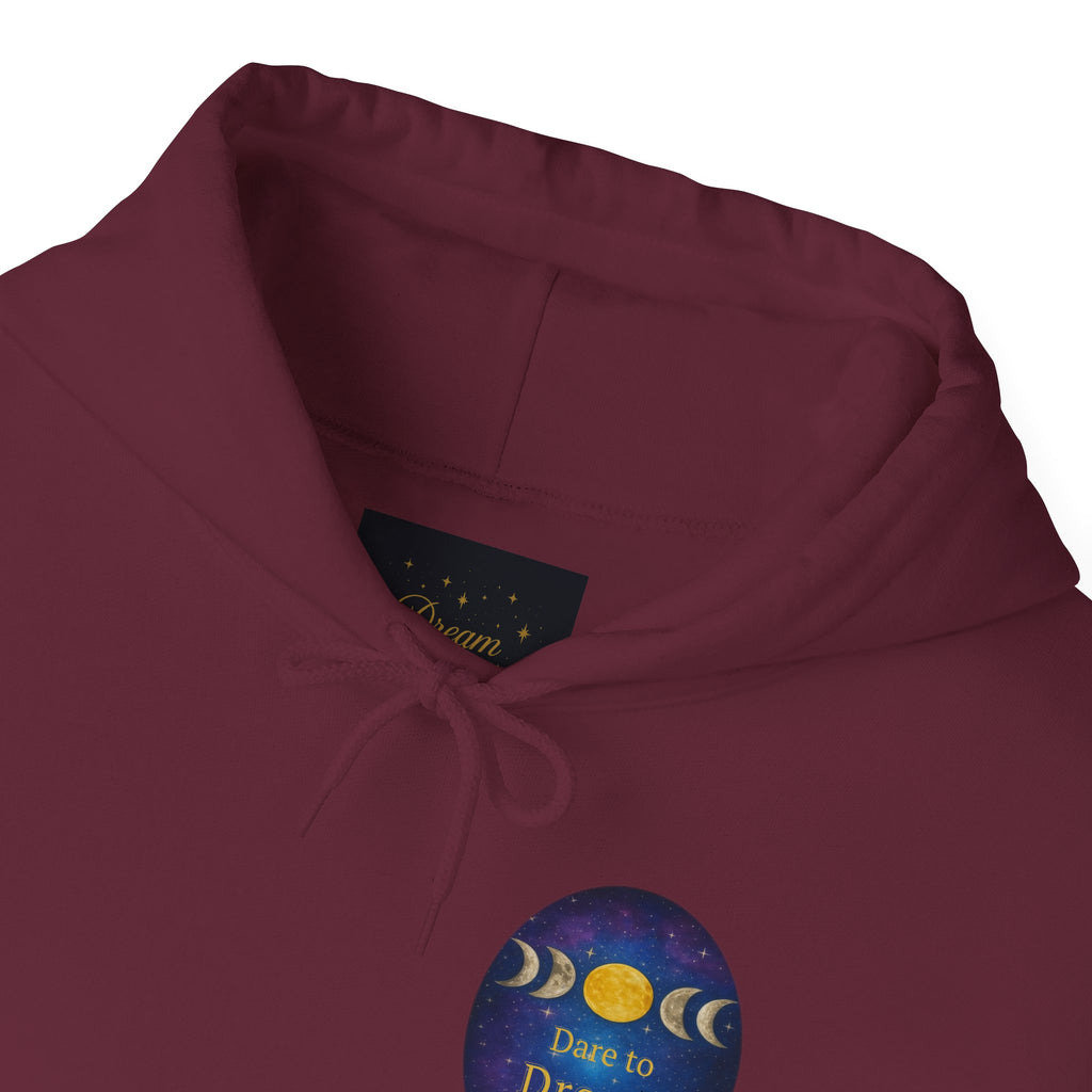 Dare to Dream Moon-Phase Hoodie | Back Glow Print + Front Badge | Heavy Blend™, Inspirational and Motivational Apparel, Gift for Dreamers, Creative Expression Wear