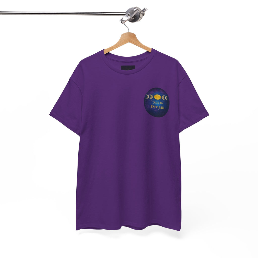 Dare to Dream Moon-Phase Tee – Golden Full Moon Back Print + Front Badge | Gildan 5000 Heavy Cotton, Inspirational and Motivational Apparel, Gift for Dreamers, Creative Expression Wear
