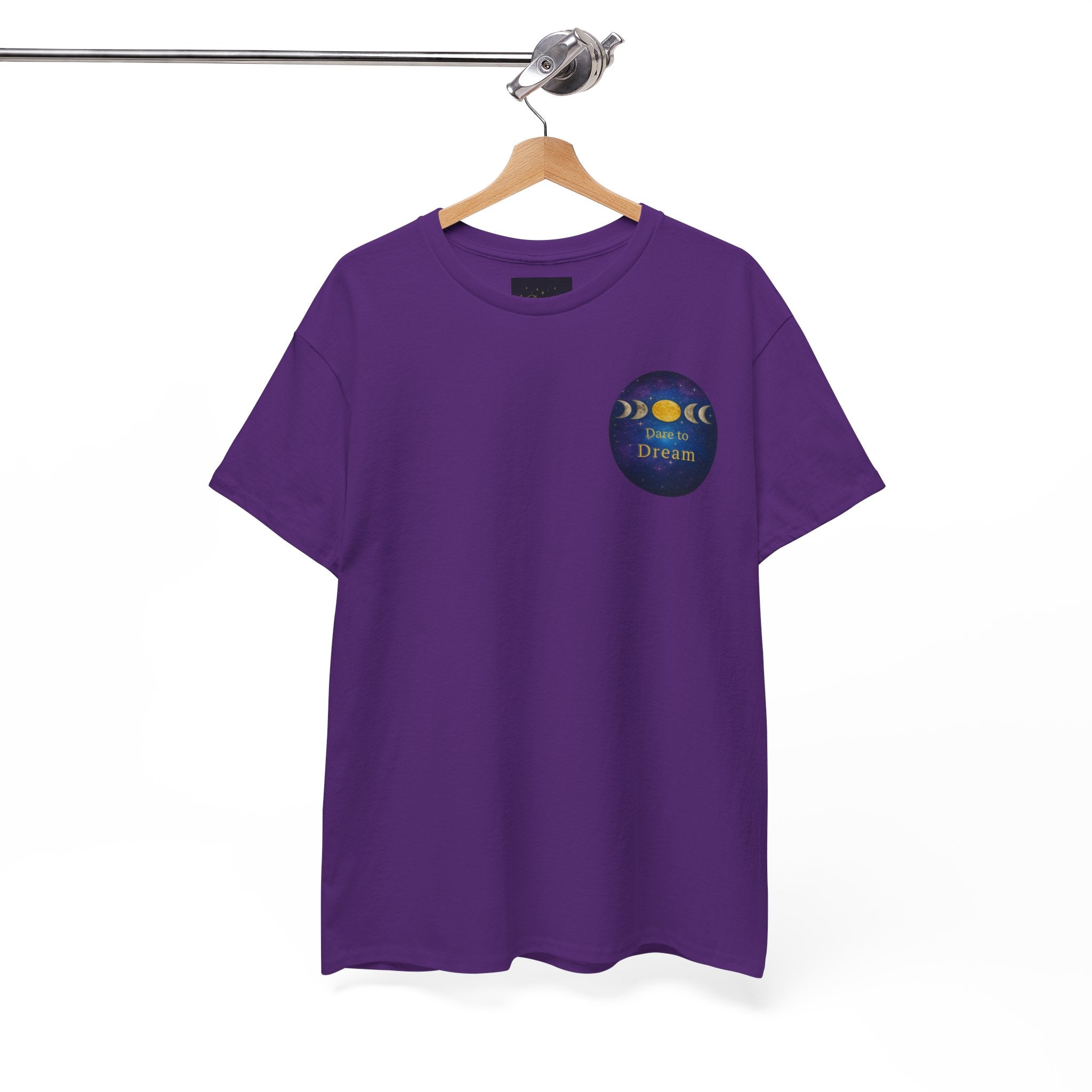 Dare to Dream Moon-Phase Tee – Golden Full Moon Back Print + Front Badge | Gildan 5000 Heavy Cotton, Inspirational and Motivational Apparel, Gift for Dreamers, Creative Expression Wear