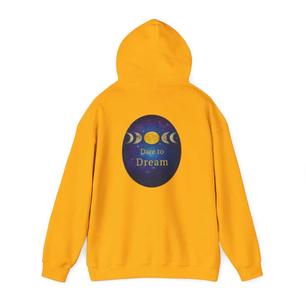Dare to Dream Moon-Phase Hoodie | Back Glow Print + Front Badge | Heavy Blend™, Inspirational and Motivational Apparel, Gift for Dreamers, Creative Expression Wear