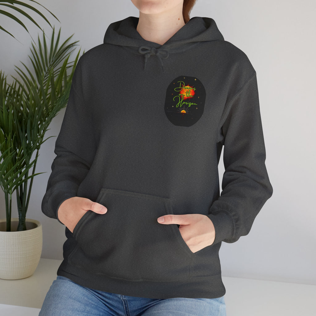 Dreams on the Horizon (Lemongrass) Sunrise Back Print Hooded Sweatshirt, Inspirational and Motivational Apparel, Gift for Dreamers, Creative Expression Wear