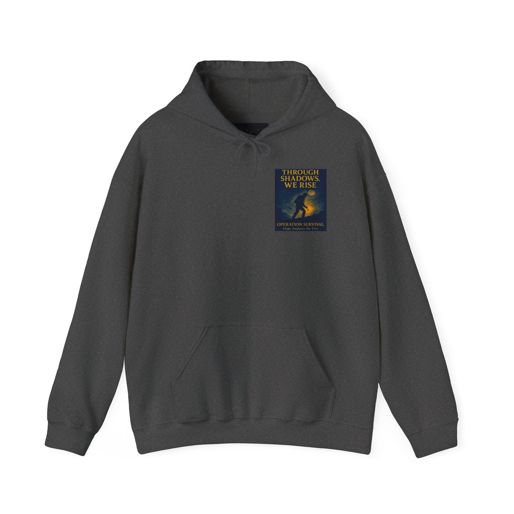 Through Shadows, We Rise – Back-print Cinematic Artwork Operation Survival Hoodie  | Gildan Heavy Blend™ 18500 — Inspirational and Motivational Apparel, Gift for Dreamers, Creative Expression Wear