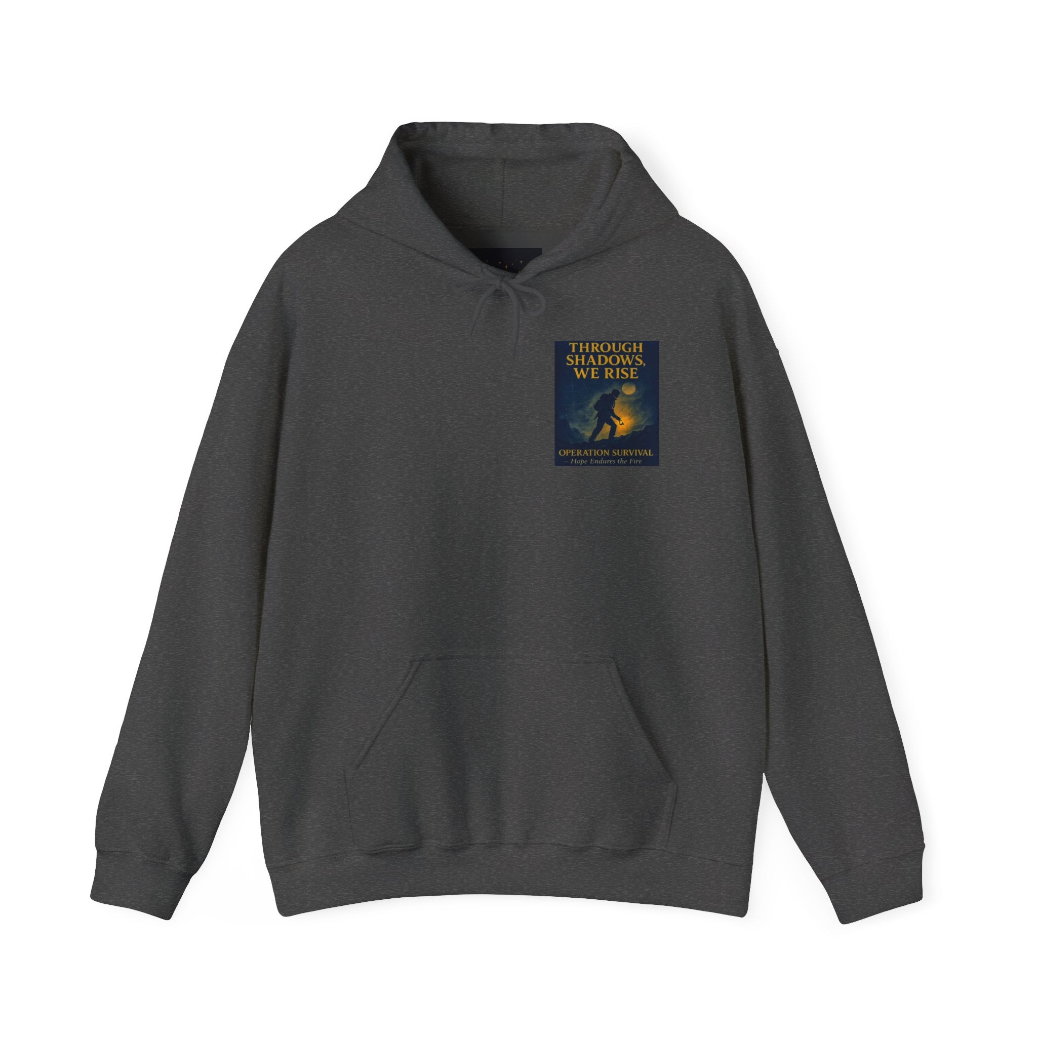 Through Shadows, We Rise – Back-print Cinematic Artwork Operation Survival Hoodie  | Gildan Heavy Blend™ 18500 — Inspirational and Motivational Apparel, Gift for Dreamers, Creative Expression Wear