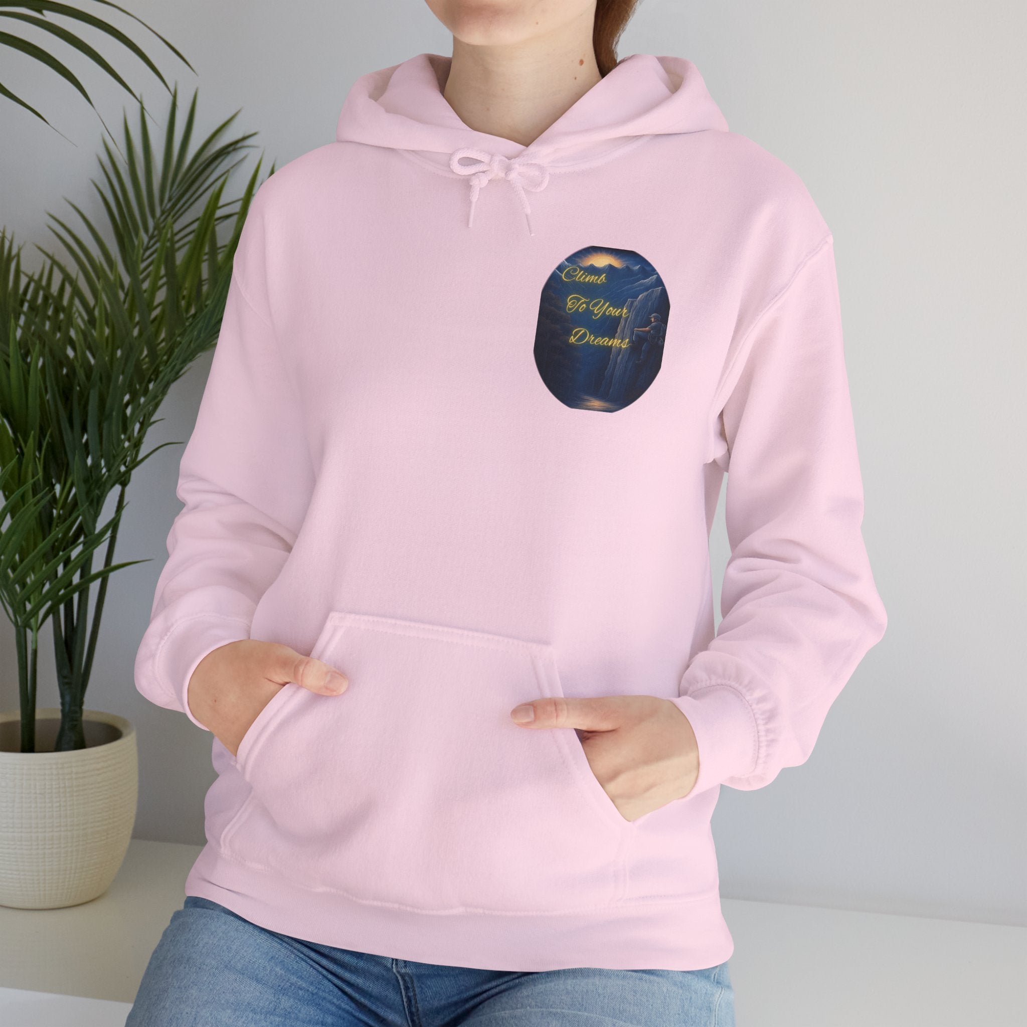 Climb To Your Dreams - Mountain Sunrise Hoodie | Back Glow Print + Front Badge | Heavy Blend™, Inspirational and Motivational Apparel, Gift for Dreamers, Creative Expression Wear