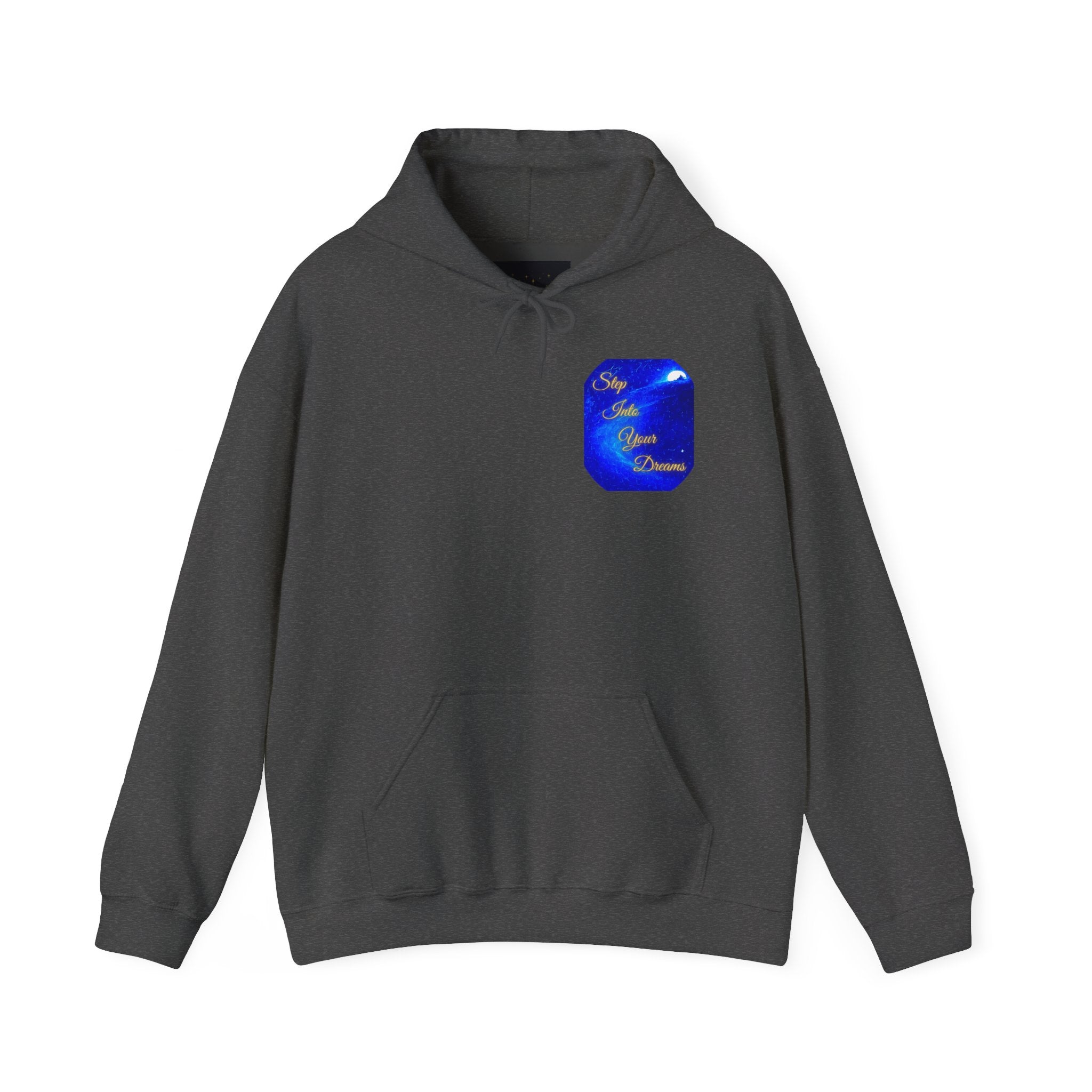Step Into Your Dreams – Cosmic Gateway Back-print Hoodie | Tiny front badge | Gildan Heavy Blend™. Inspirational and Motivational Apparel, Gift for Dreamers, Creative Expression