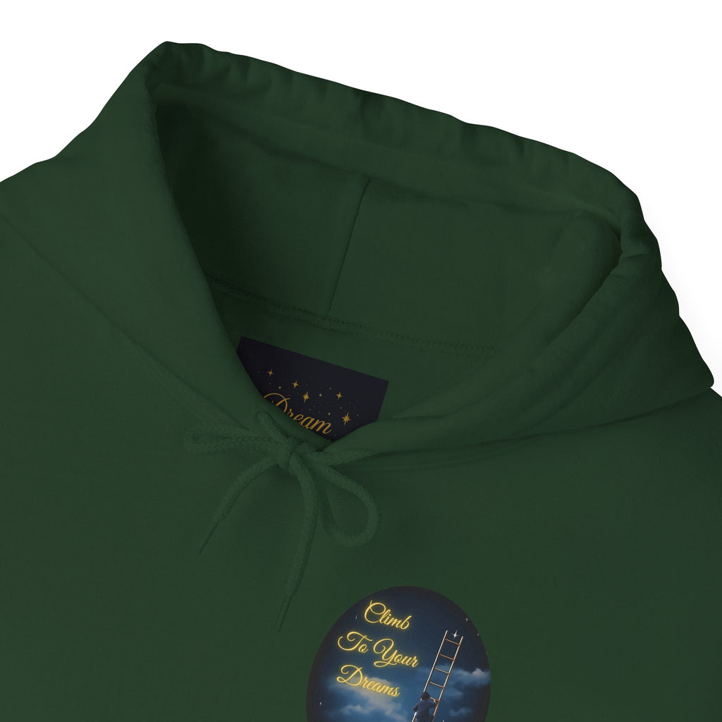 Climb To Your Dreams – Starry Night Ladder-to-Moon Back-Print Hoodie + Front Badge | Gildan 18500, Inspirational and Motivational Apparel, Gift for Dreamers, Creative Expression Wear