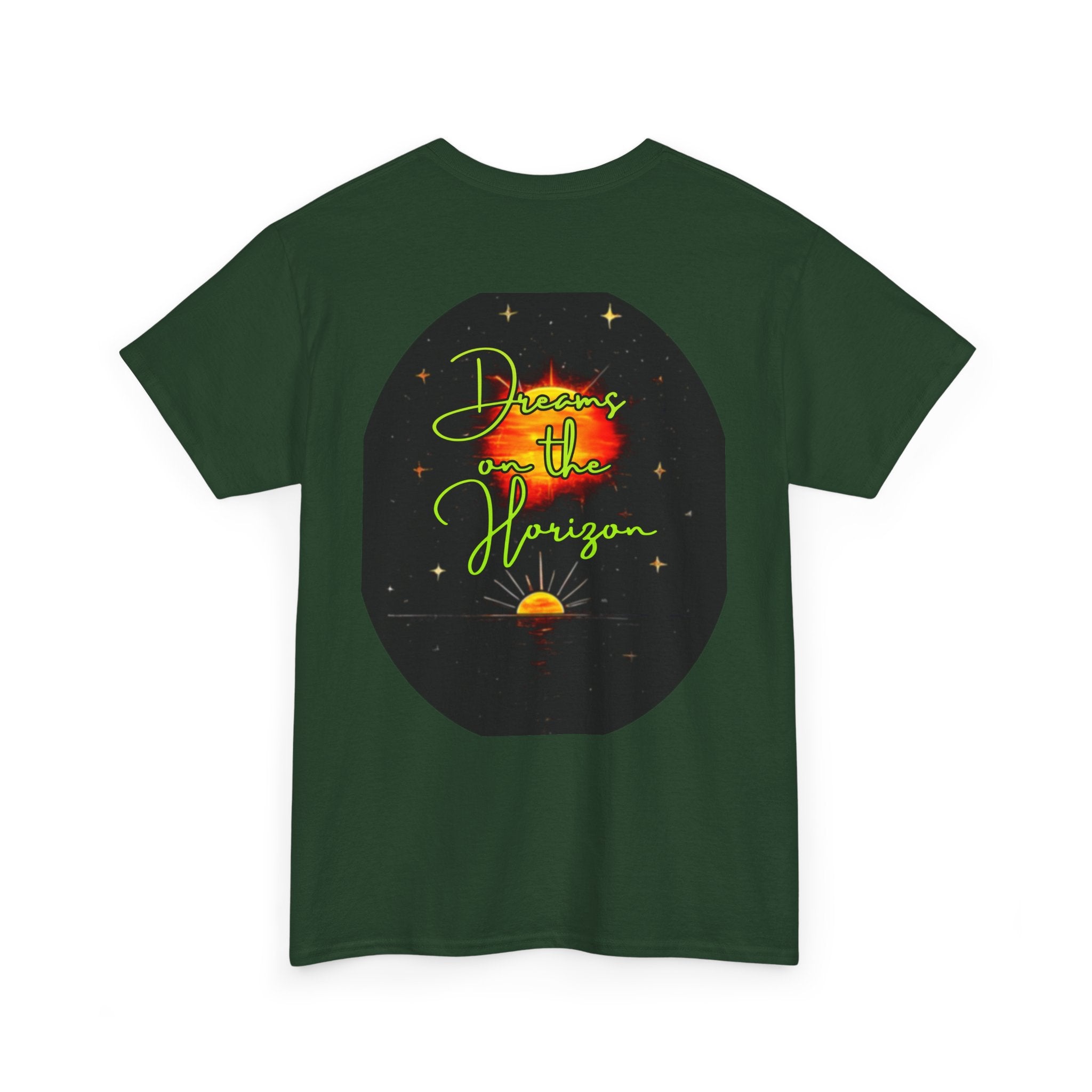 Dreams on the Horizon (Lemongrass) – Sunrise Back-Print Heavy Cotton Tee, Inspirational and Motivational Apparel, Gift for Dreamers, Creative Expression Wear