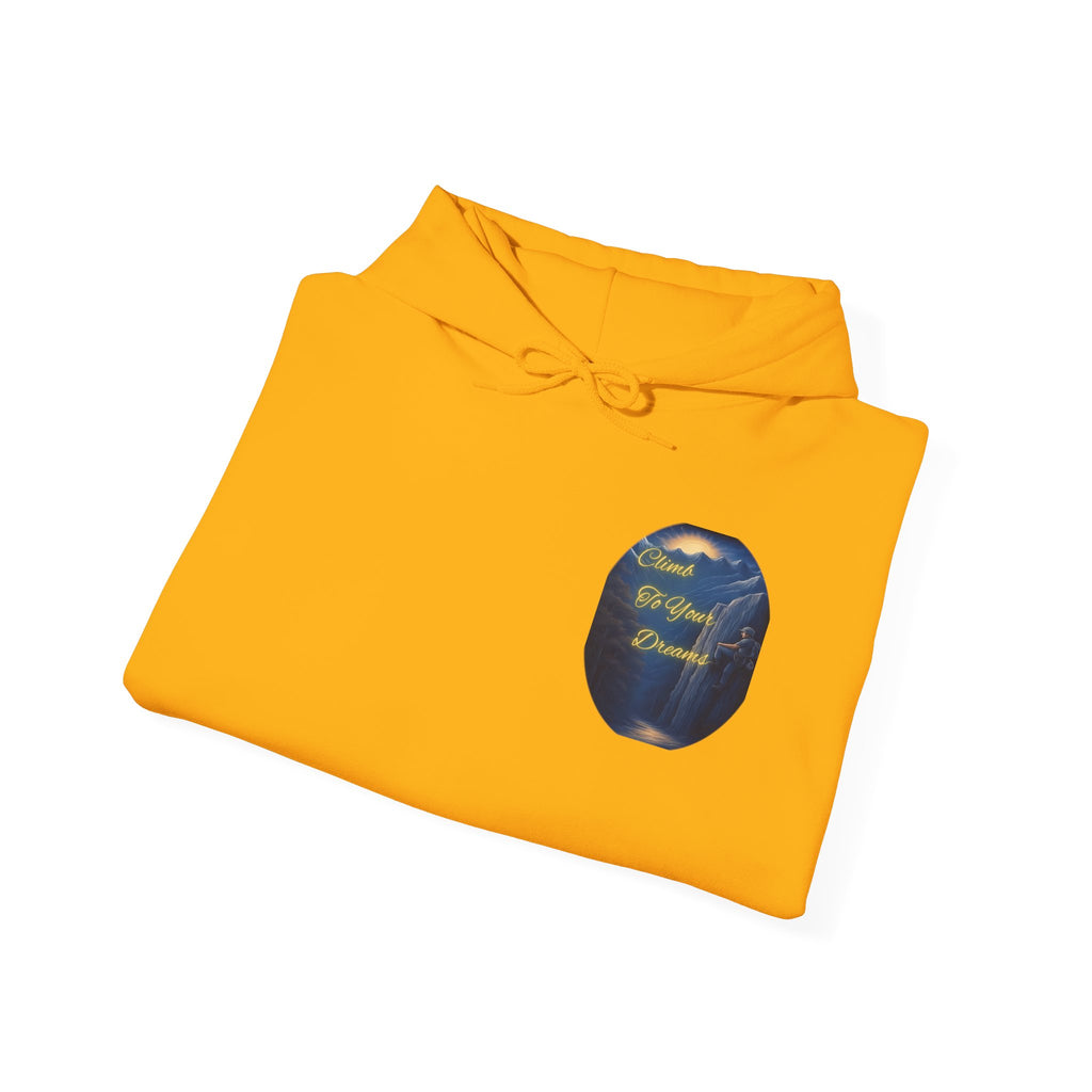 Climb To Your Dreams - Mountain Sunrise Hoodie | Back Glow Print + Front Badge | Heavy Blend™, Inspirational and Motivational Apparel, Gift for Dreamers, Creative Expression Wear
