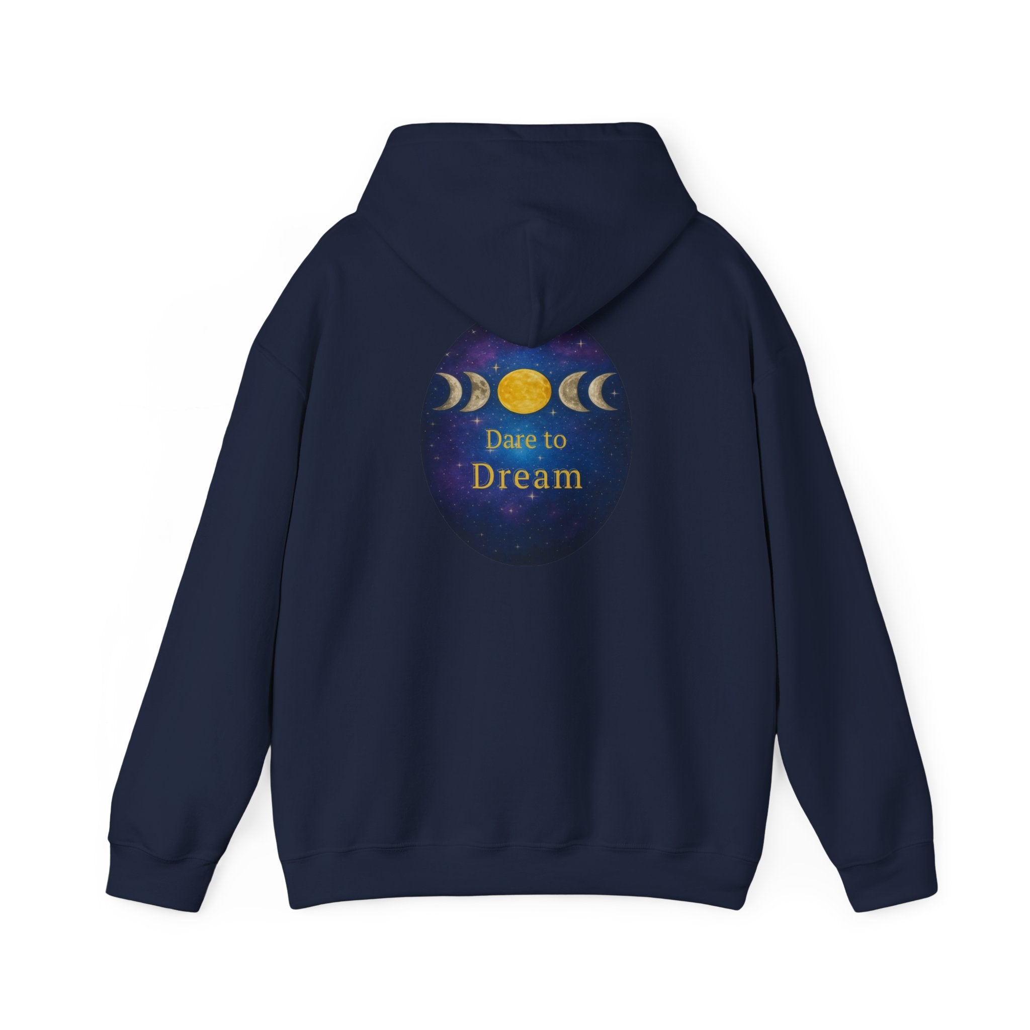 Dare to Dream Moon-Phase Hoodie | Back Glow Print + Front Badge | Heavy Blend™, Inspirational and Motivational Apparel, Gift for Dreamers, Creative Expression Wear