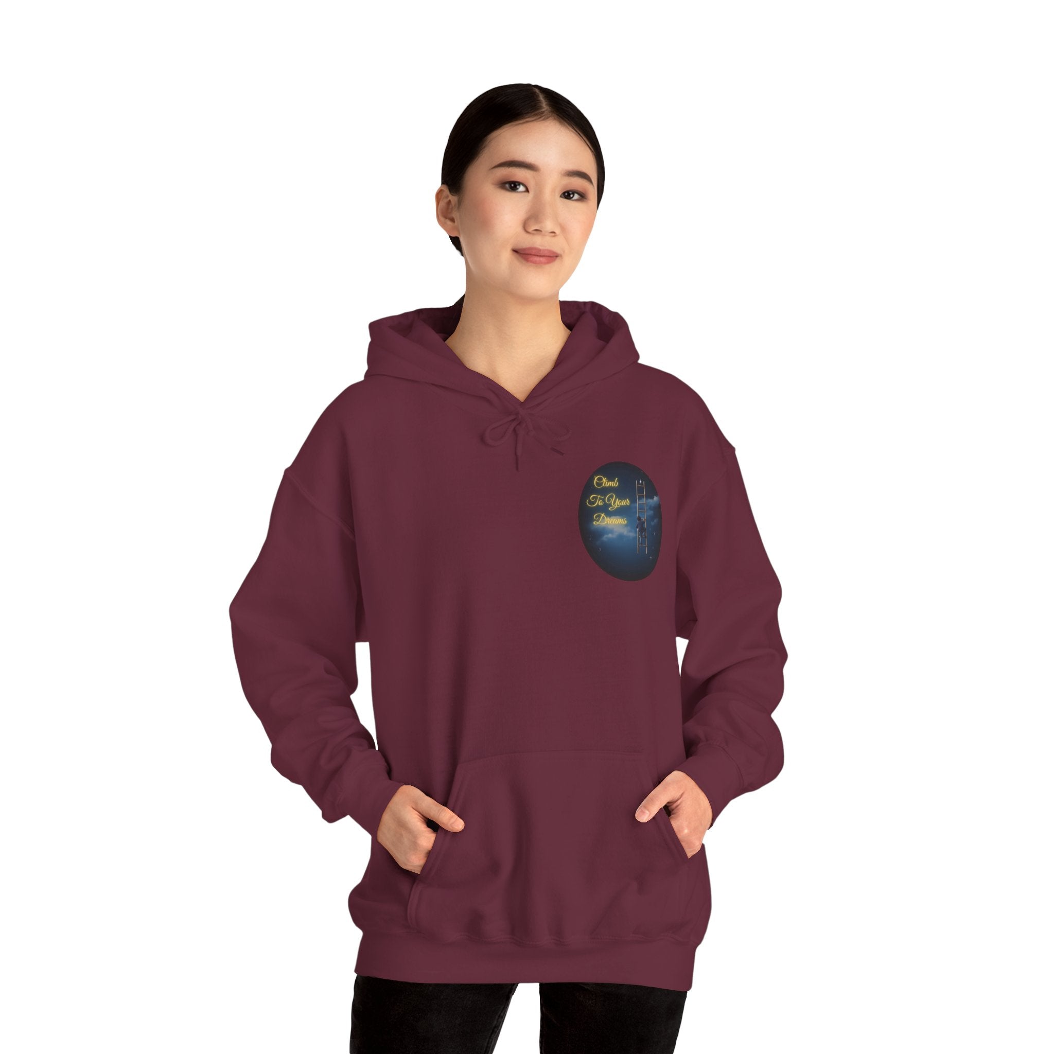 Climb To Your Dreams – Starry Night Ladder-to-Moon Back-Print Hoodie + Front Badge | Gildan 18500, Inspirational and Motivational Apparel, Gift for Dreamers, Creative Expression Wear