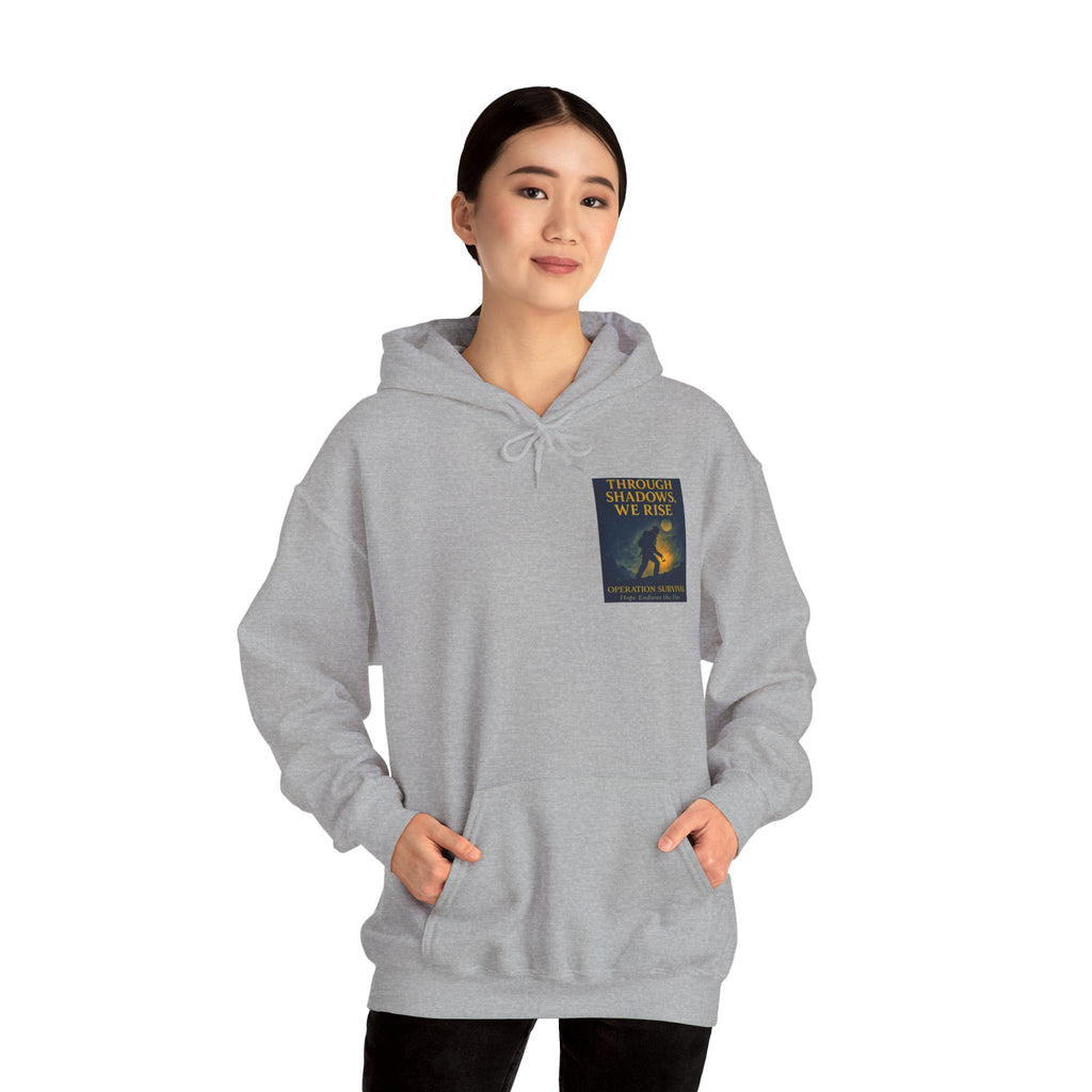Through Shadows, We Rise – Back-print Cinematic Artwork Operation Survival Hoodie  | Gildan Heavy Blend™ 18500 — Inspirational and Motivational Apparel, Gift for Dreamers, Creative Expression Wear