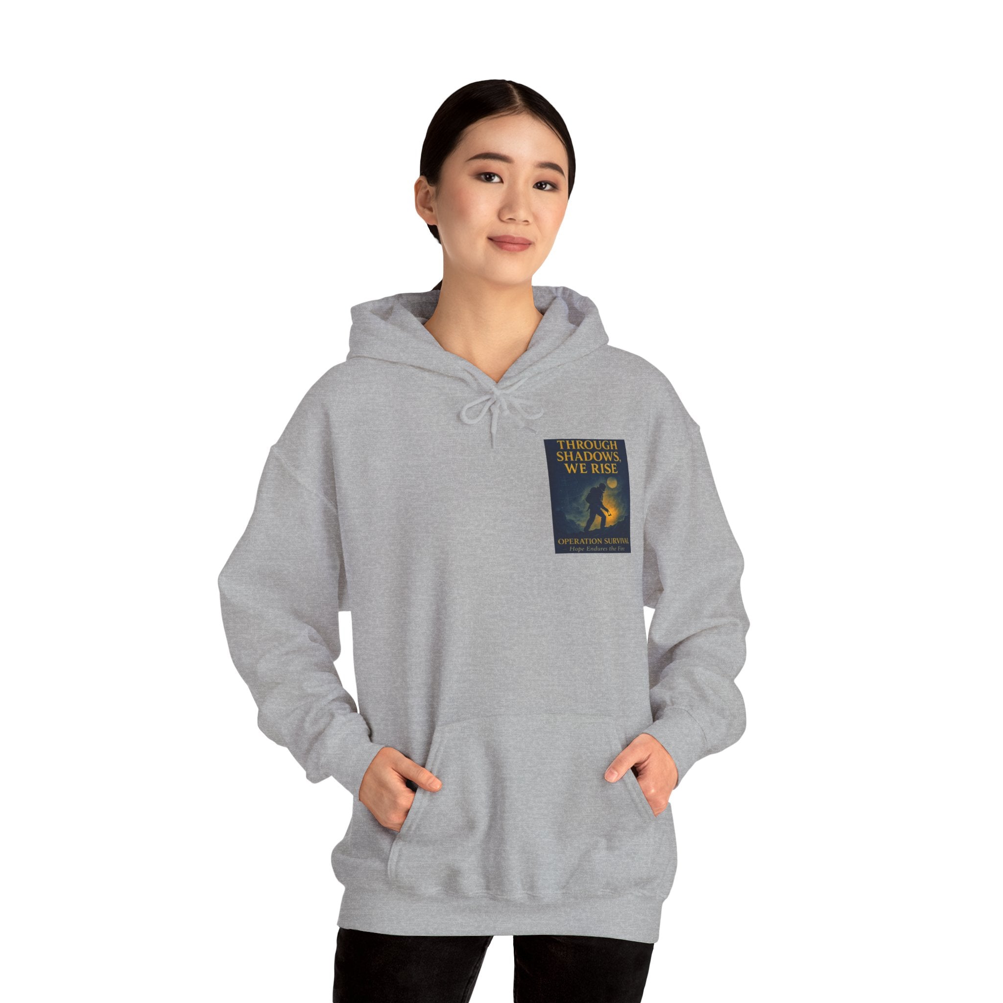 Through Shadows, We Rise – Back-print Cinematic Artwork Operation Survival Hoodie  | Gildan Heavy Blend™ 18500 — Inspirational and Motivational Apparel, Gift for Dreamers, Creative Expression Wear
