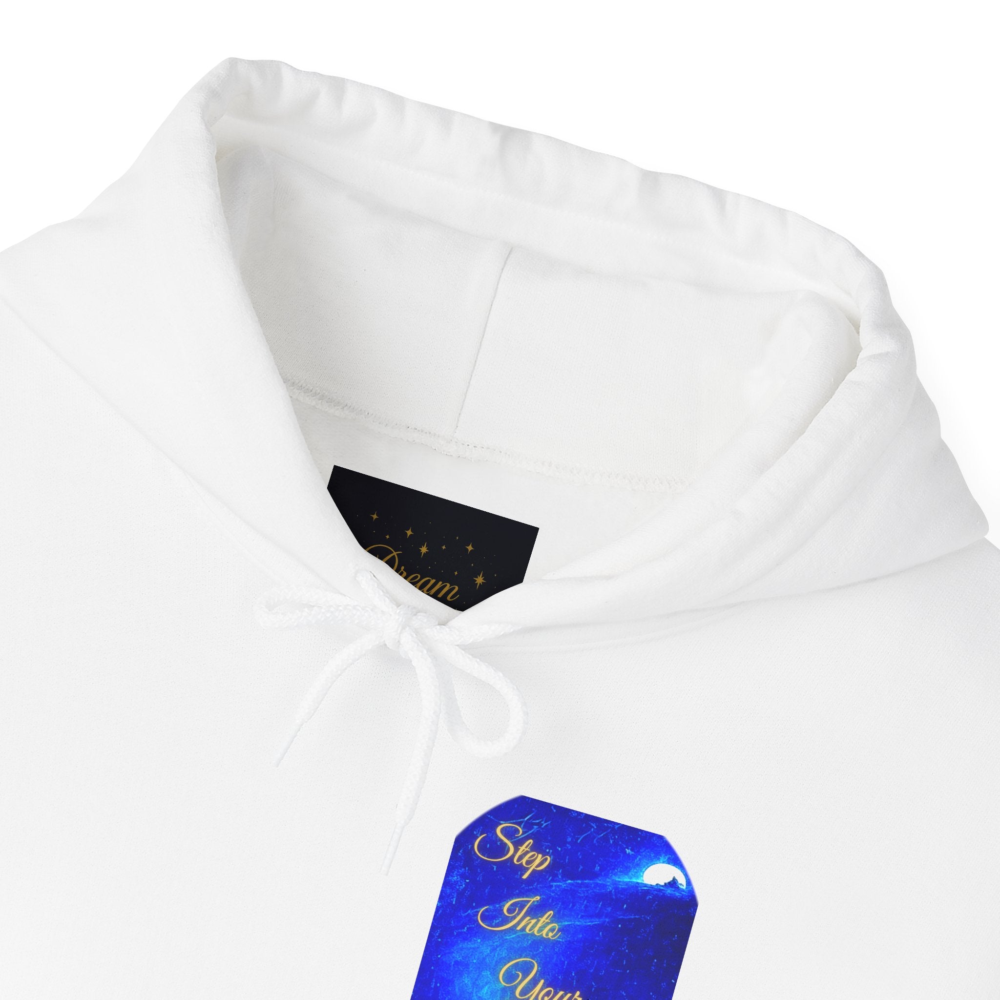 Step Into Your Dreams – Cosmic Gateway Back-print Hoodie | Tiny front badge | Gildan Heavy Blend™. Inspirational and Motivational Apparel, Gift for Dreamers, Creative Expression