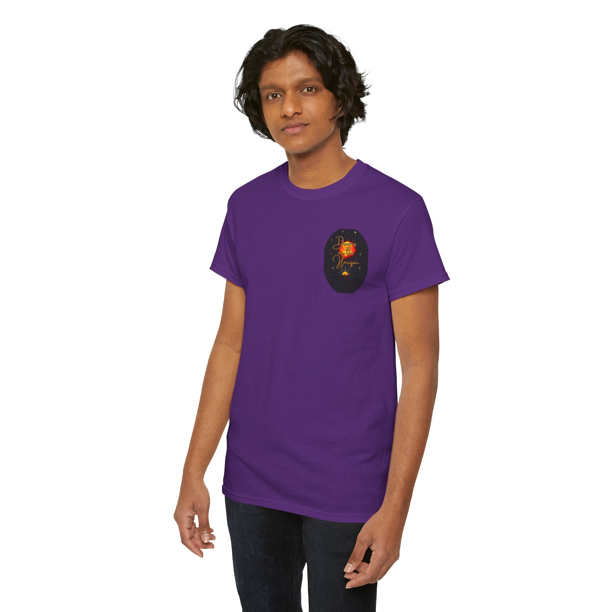 Dreams on the Horizon – Sunrise Back-Print Heavy Cotton Tee, Inspirational and Motivational Apparel, Gift for Dreamers, Creative Expression Wear
