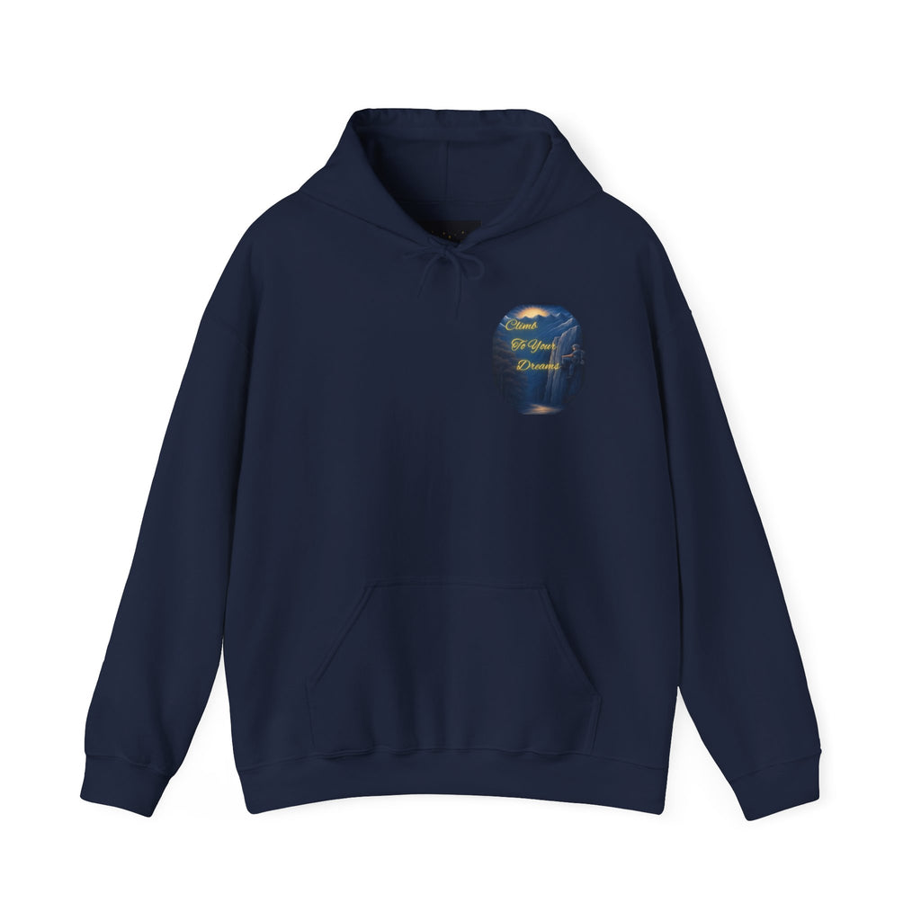 Climb To Your Dreams - Mountain Sunrise Hoodie | Back Glow Print + Front Badge | Heavy Blend™, Inspirational and Motivational Apparel, Gift for Dreamers, Creative Expression Wear