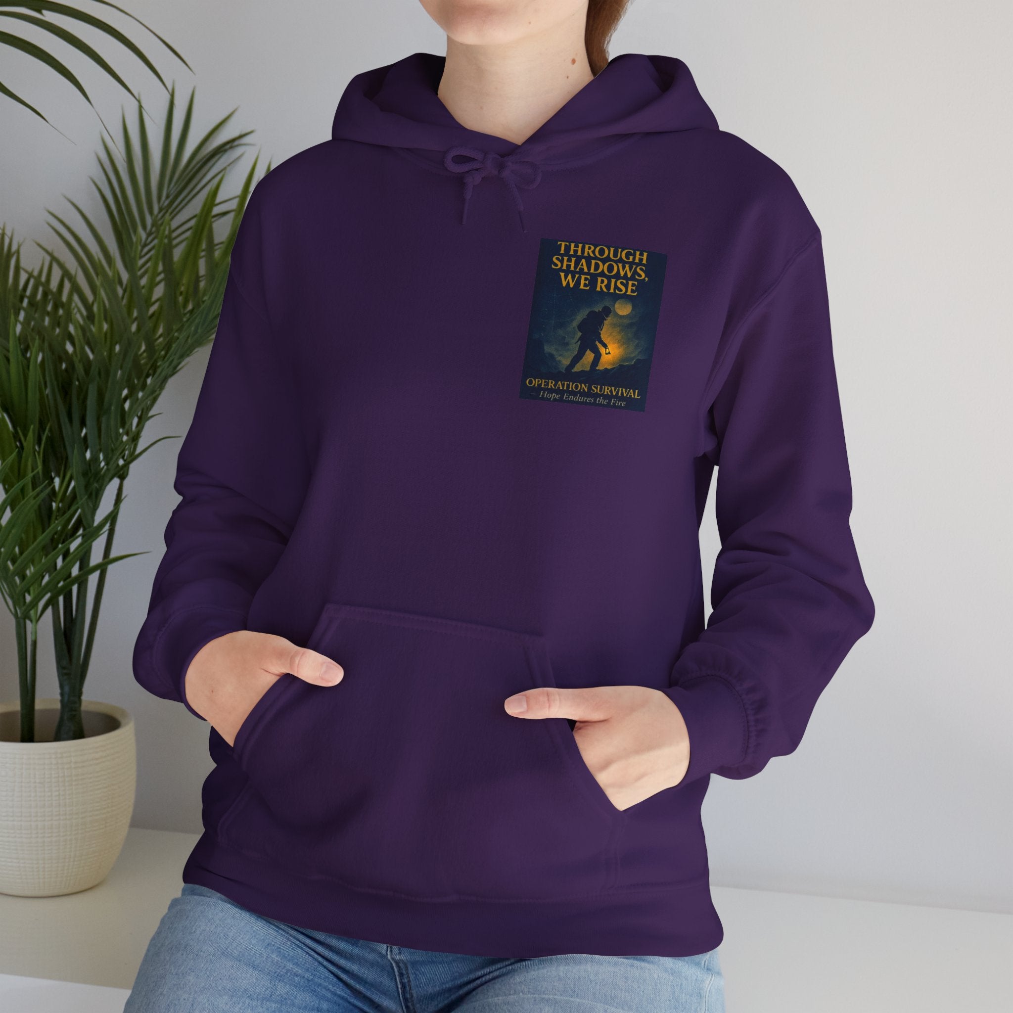Through Shadows, We Rise – Back-print Cinematic Artwork Operation Survival Hoodie  | Gildan Heavy Blend™ 18500 — Inspirational and Motivational Apparel, Gift for Dreamers, Creative Expression Wear
