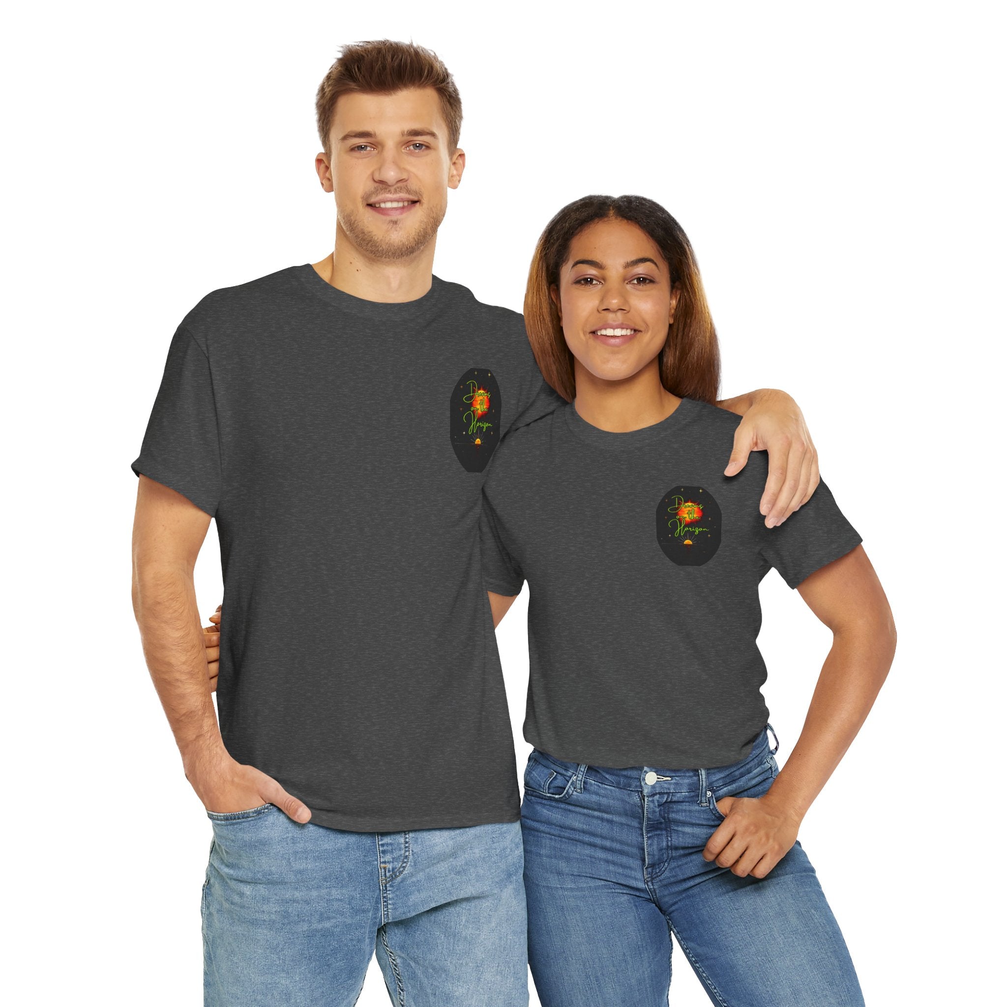 Dreams on the Horizon (Lemongrass) – Sunrise Back-Print Heavy Cotton Tee, Inspirational and Motivational Apparel, Gift for Dreamers, Creative Expression Wear