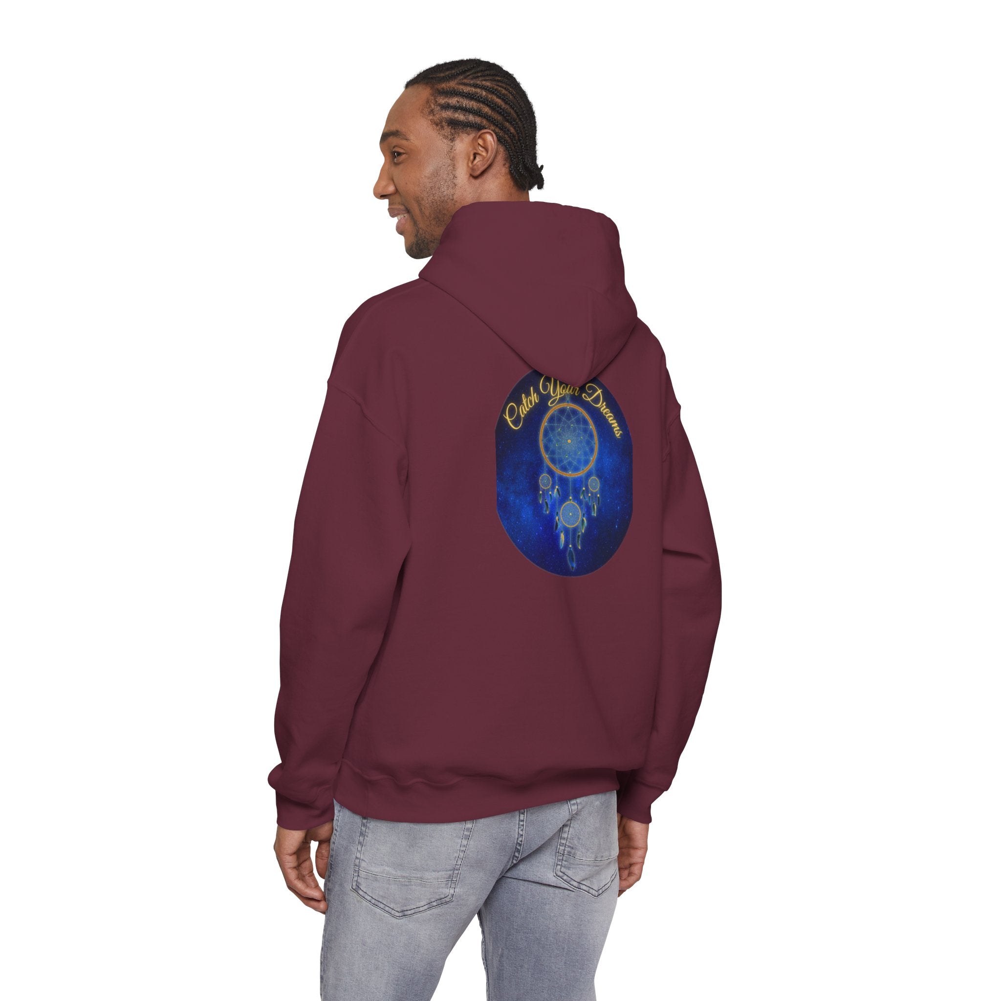 Catch Your Dream – Dreamcatcher Back Print Hooded Sweatshirt, Inspirational and Motivational Apparel, Gift for Dreamers, Creative Expression Wear