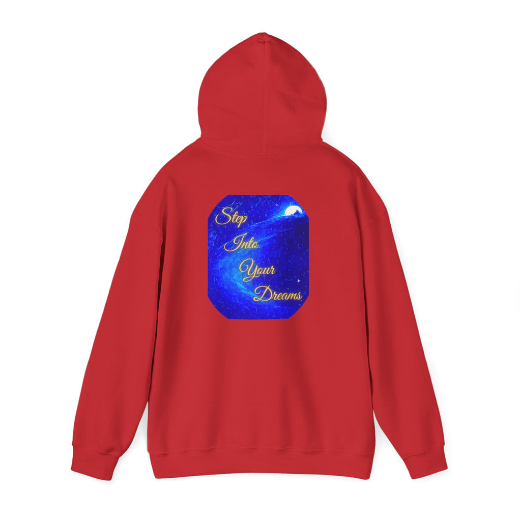 Step Into Your Dreams – Cosmic Gateway Back-print Hoodie | Tiny front badge | Gildan Heavy Blend™. Inspirational and Motivational Apparel, Gift for Dreamers, Creative Expression