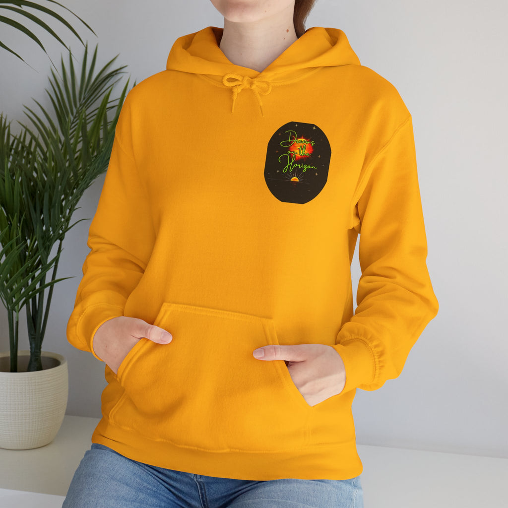 Dreams on the Horizon (Lemongrass) Sunrise Back Print Hooded Sweatshirt, Inspirational and Motivational Apparel, Gift for Dreamers, Creative Expression Wear